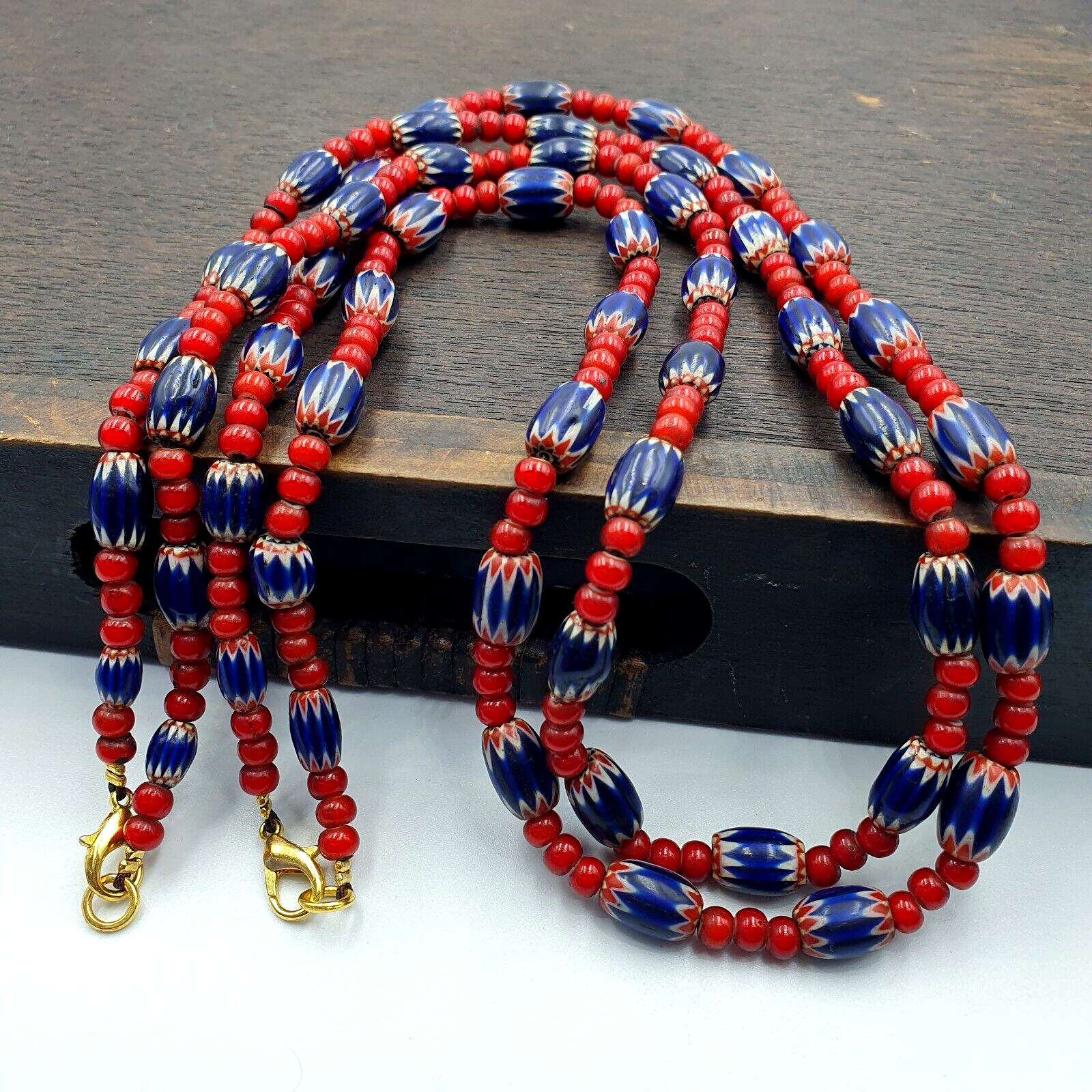 Antique Vintage Venetian White Heart And Blue Chevron Trade Beads Necklace W1