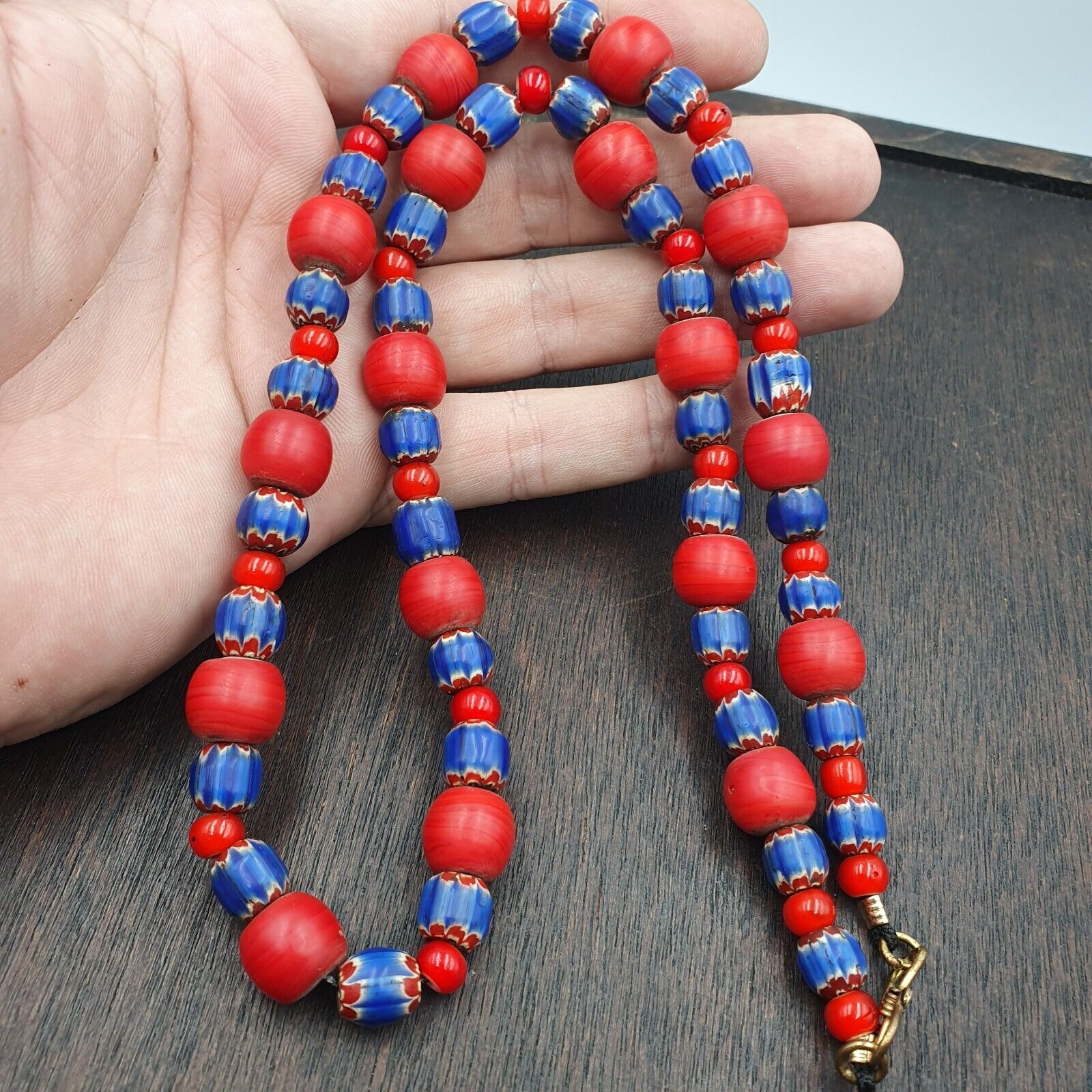 Antique Venetian White Heart And Vintage Blue Chevron Trade Beads Necklace W4