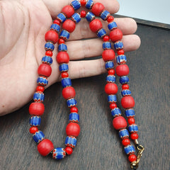 Antique Venetian White Heart And Vintage Blue Chevron Trade Beads Necklace W4