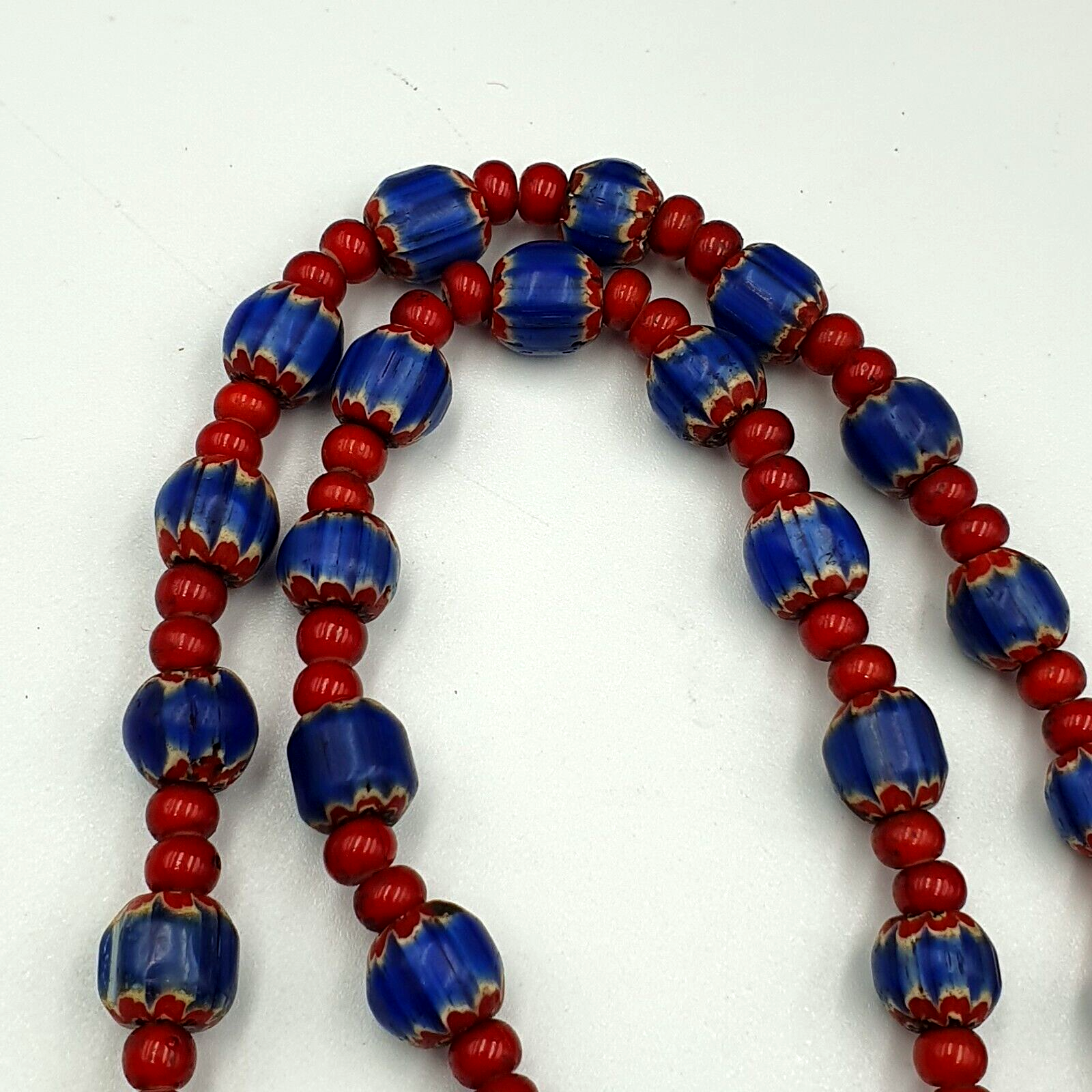 Antique Vintage Venetian White Heart And Blue Chevron Trade Beads Necklace W3