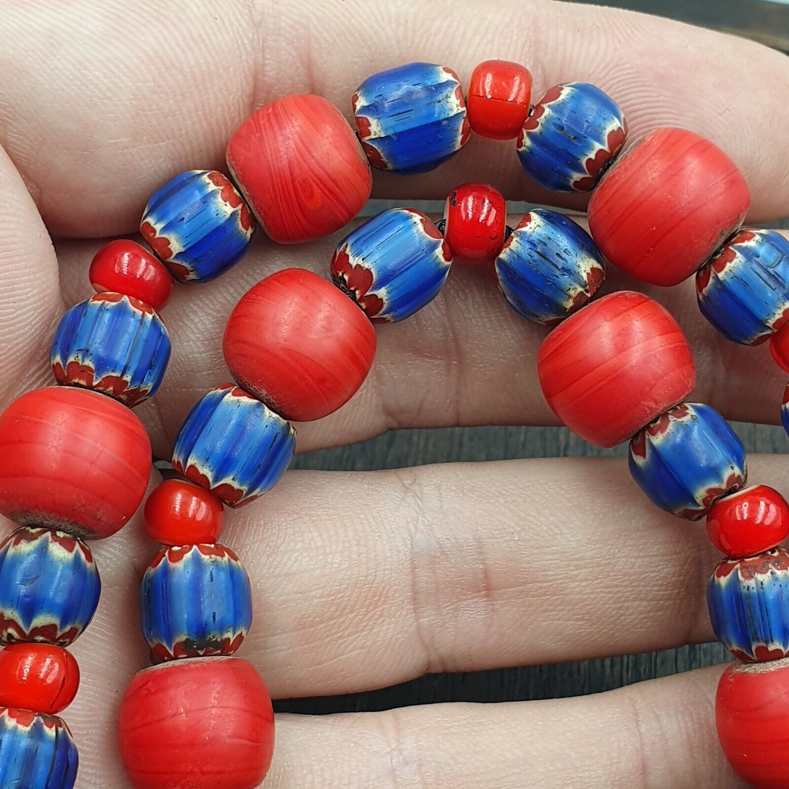 Antique Venetian White Heart And Vintage Blue Chevron Trade Beads Necklace W4