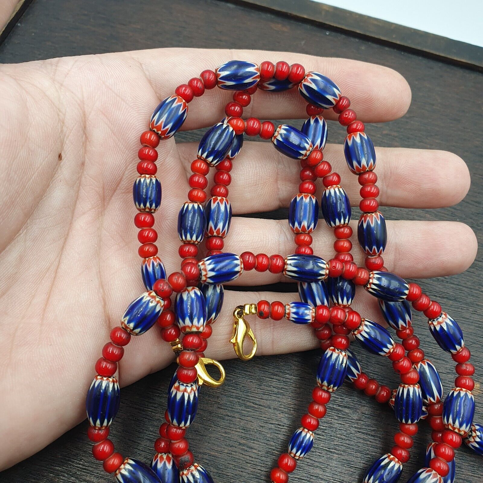 Antique Vintage Venetian White Heart And Blue Chevron Trade Beads Necklace W1