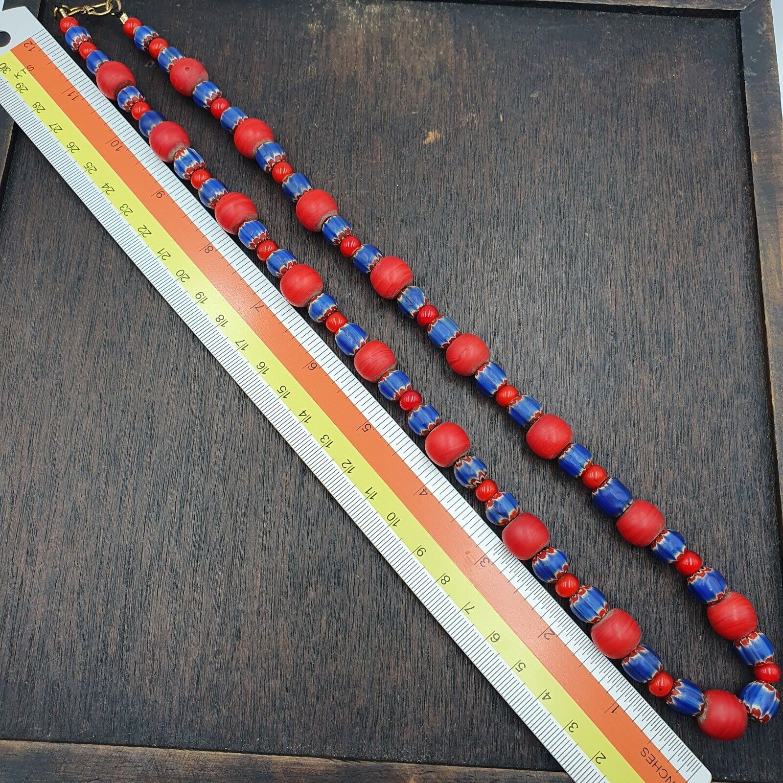 Antique Venetian White Heart And Vintage Blue Chevron Trade Beads Necklace W4