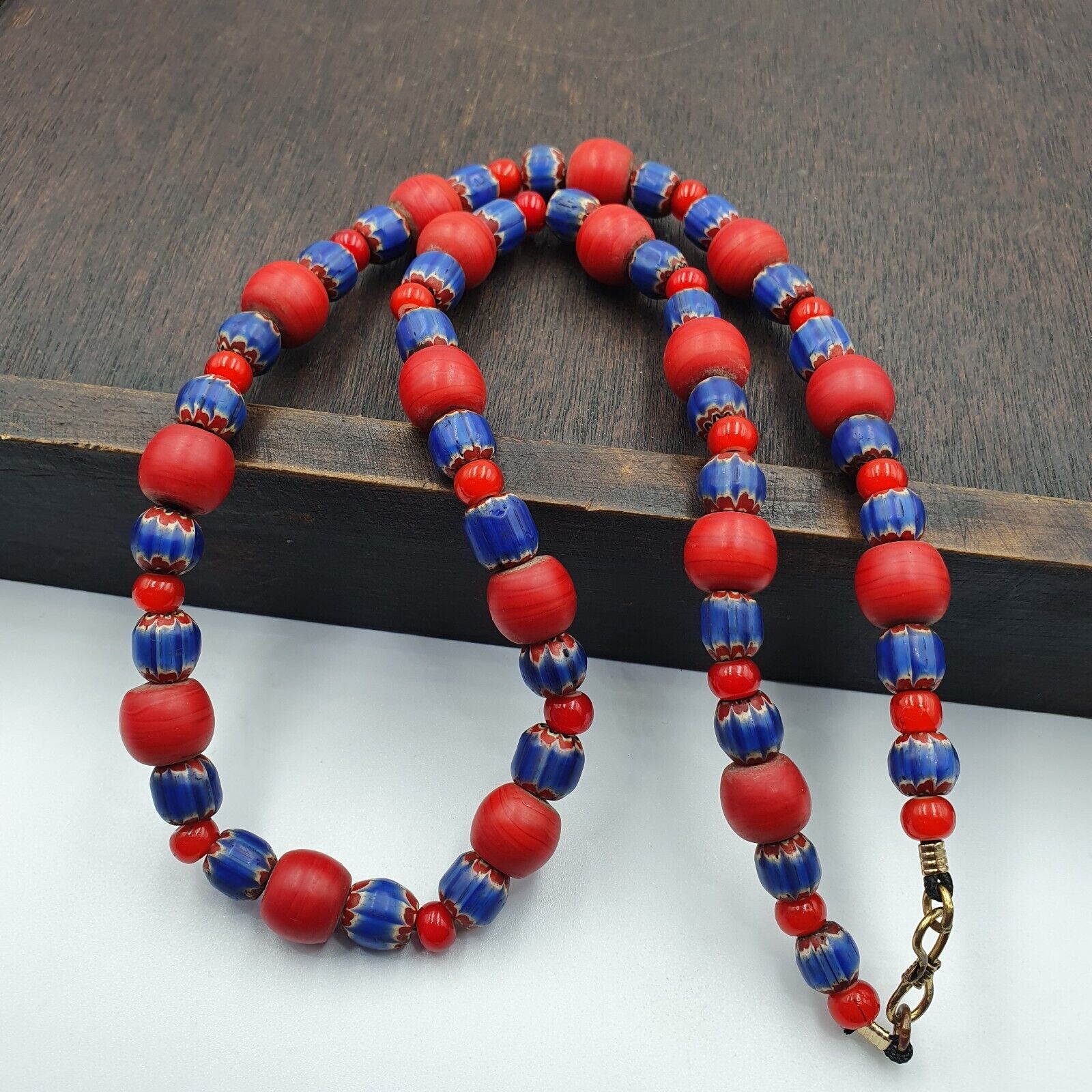 Antique Venetian White Heart And Vintage Blue Chevron Trade Beads Necklace W4