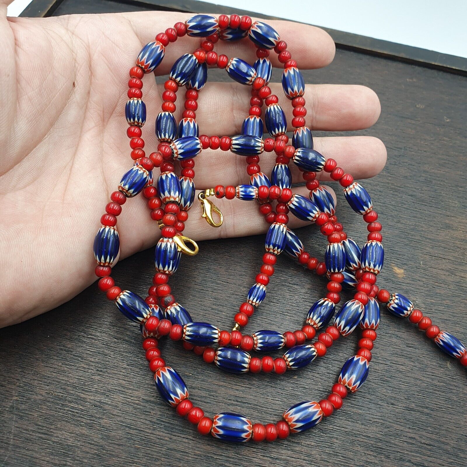 Antique Vintage Venetian White Heart And Blue Chevron Trade Beads Necklace W1