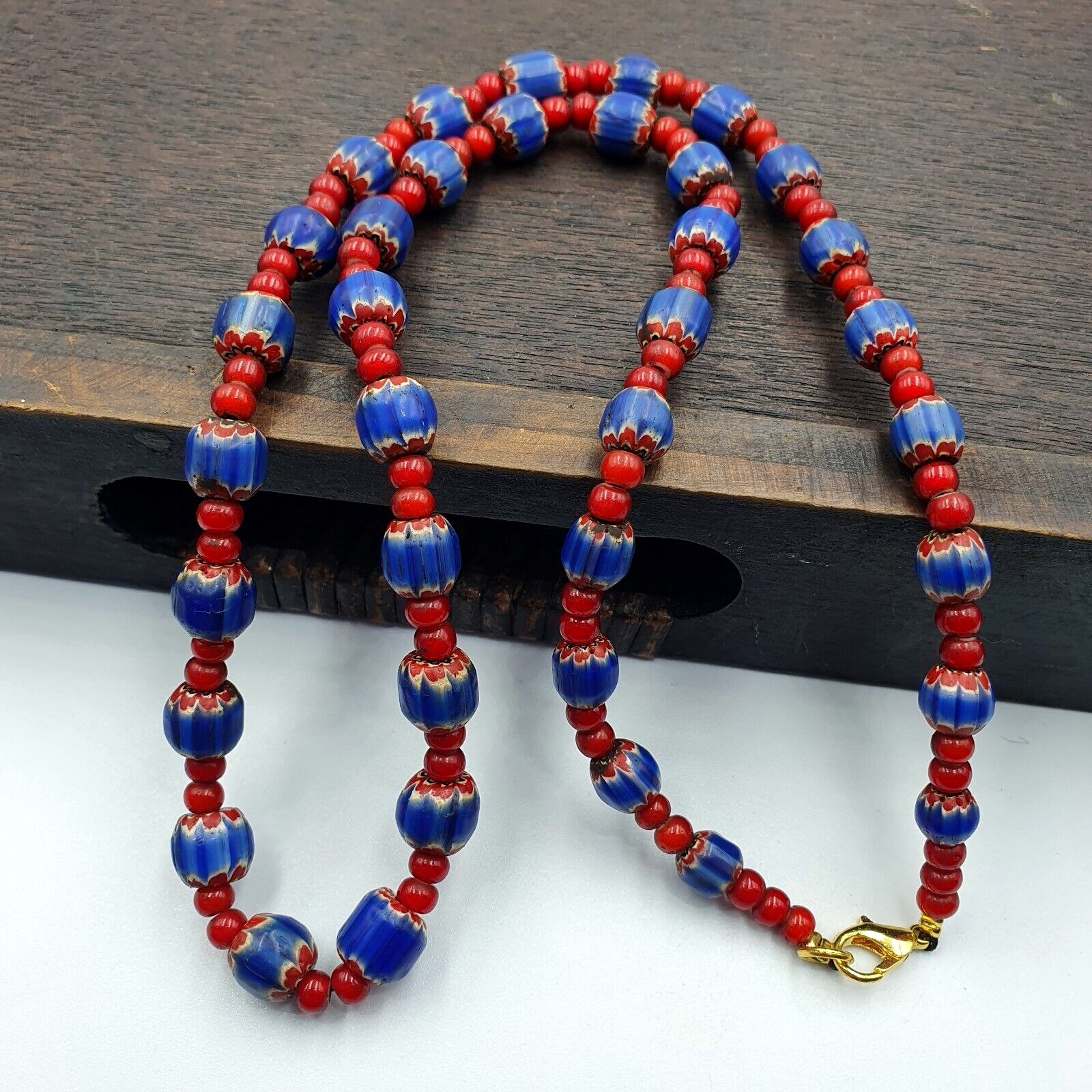 Antique Vintage Venetian White Heart And Blue Chevron Trade Beads Necklace W3
