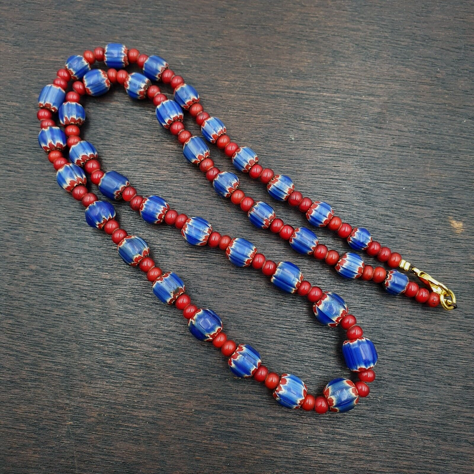 Antique Vintage Venetian White Heart And Blue Chevron Trade Beads Necklace W3