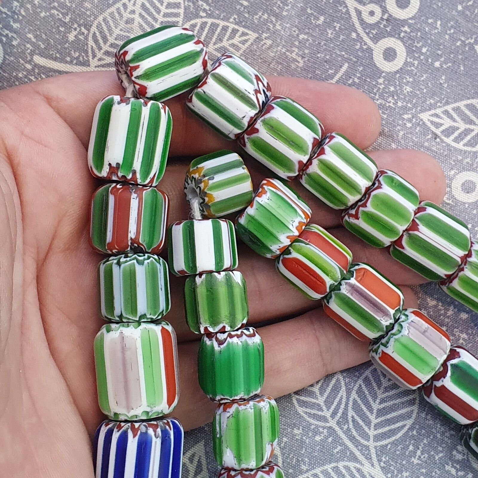 Vintage Venetian Style Green Chevron Glass beads Long Strand 14-17mm N-3