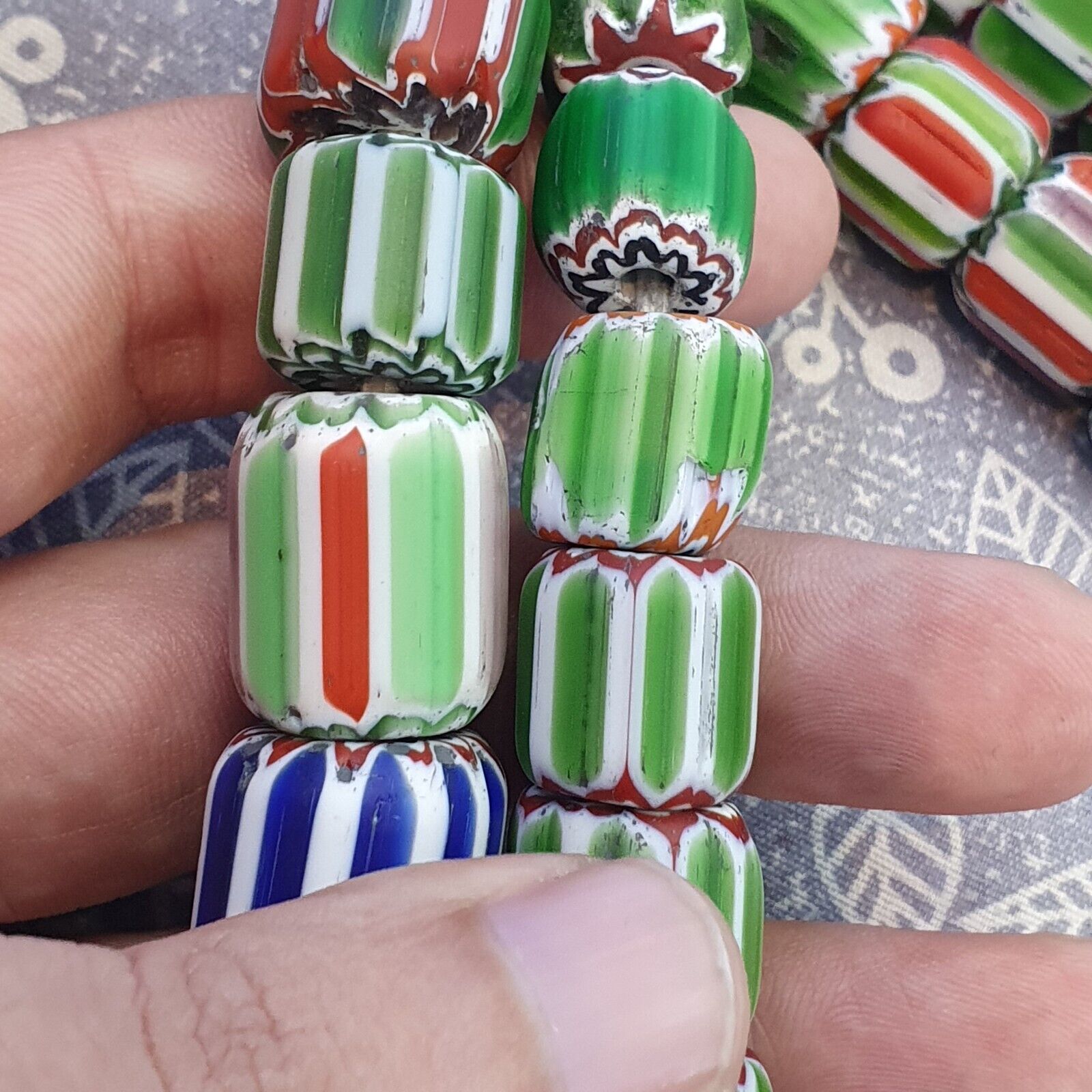 Vintage Venetian Style Green Chevron Glass beads Long Strand 14-17mm N-3