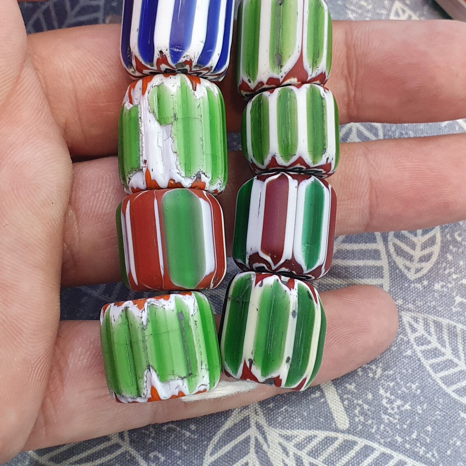 Vintage Venetian Style Green Chevron Glass beads Long Strand 14-17mm N-3
