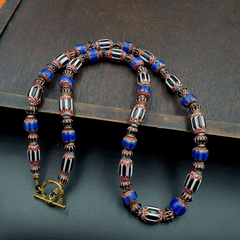 Vintage Venetian Style Blue, Black Chevron 10mm-15mm Beads Long Strand