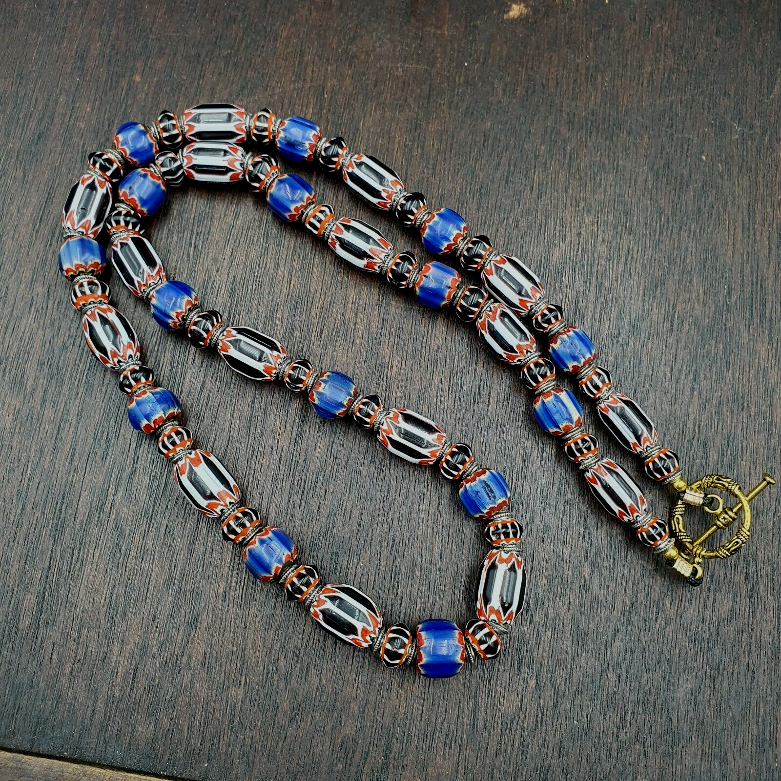 Vintage Venetian Style Blue, Black Chevron 10mm-15mm Beads Long Strand