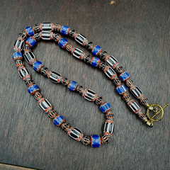 Vintage Venetian Style Blue, Black Chevron 10mm-15mm Beads Long Strand