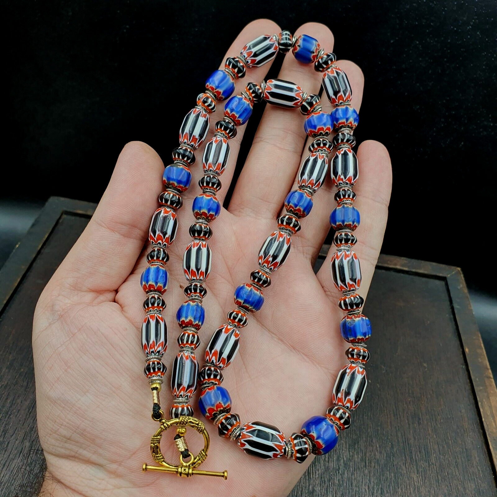 Vintage Venetian Style Blue, Black Chevron 10mm-15mm Beads Long Strand