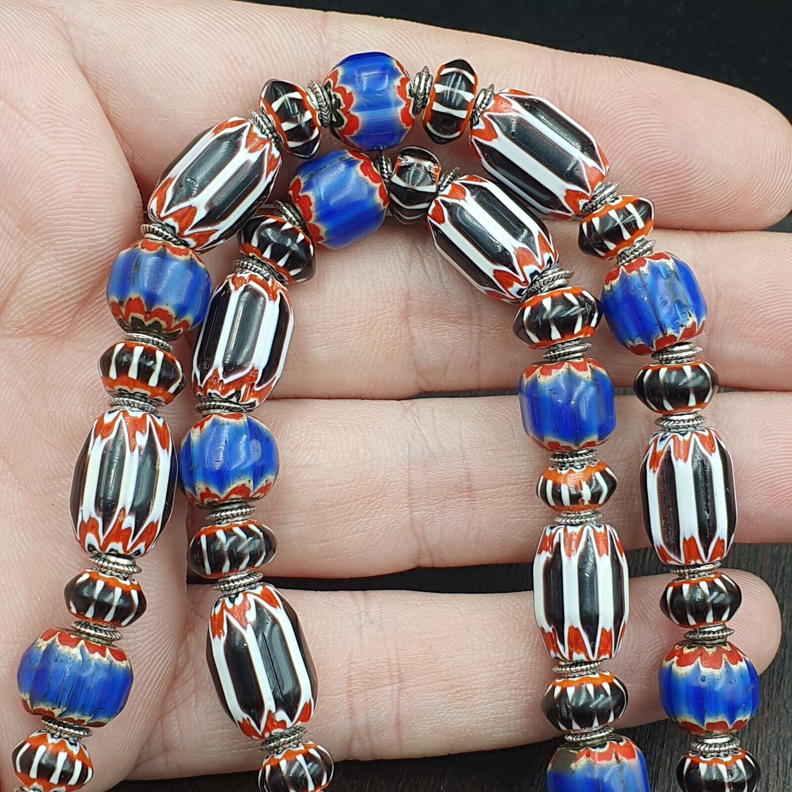 Vintage Venetian Style Blue, Black Chevron 10mm-15mm Beads Long Strand