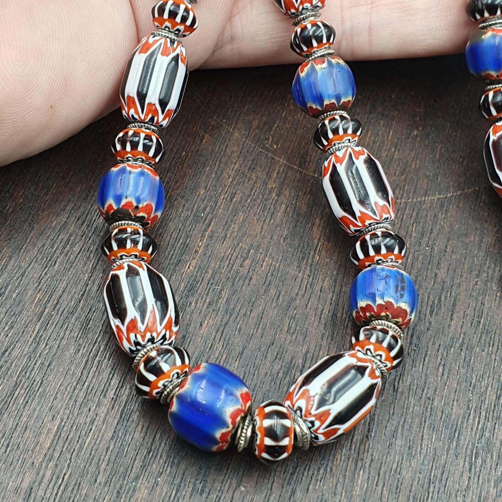 Vintage Venetian Style Blue, Black Chevron 10mm-15mm Beads Long Strand