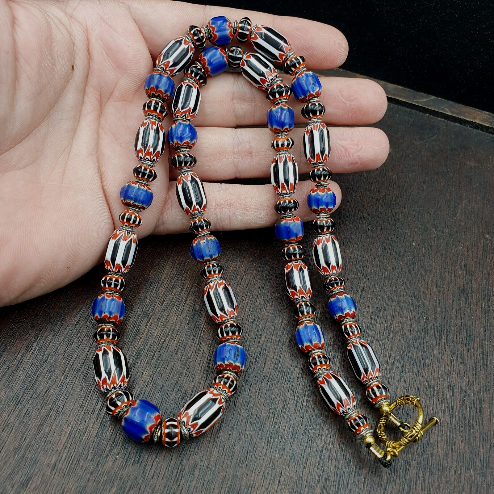 Vintage Venetian Style Blue, Black Chevron 10mm-15mm Beads Long Strand