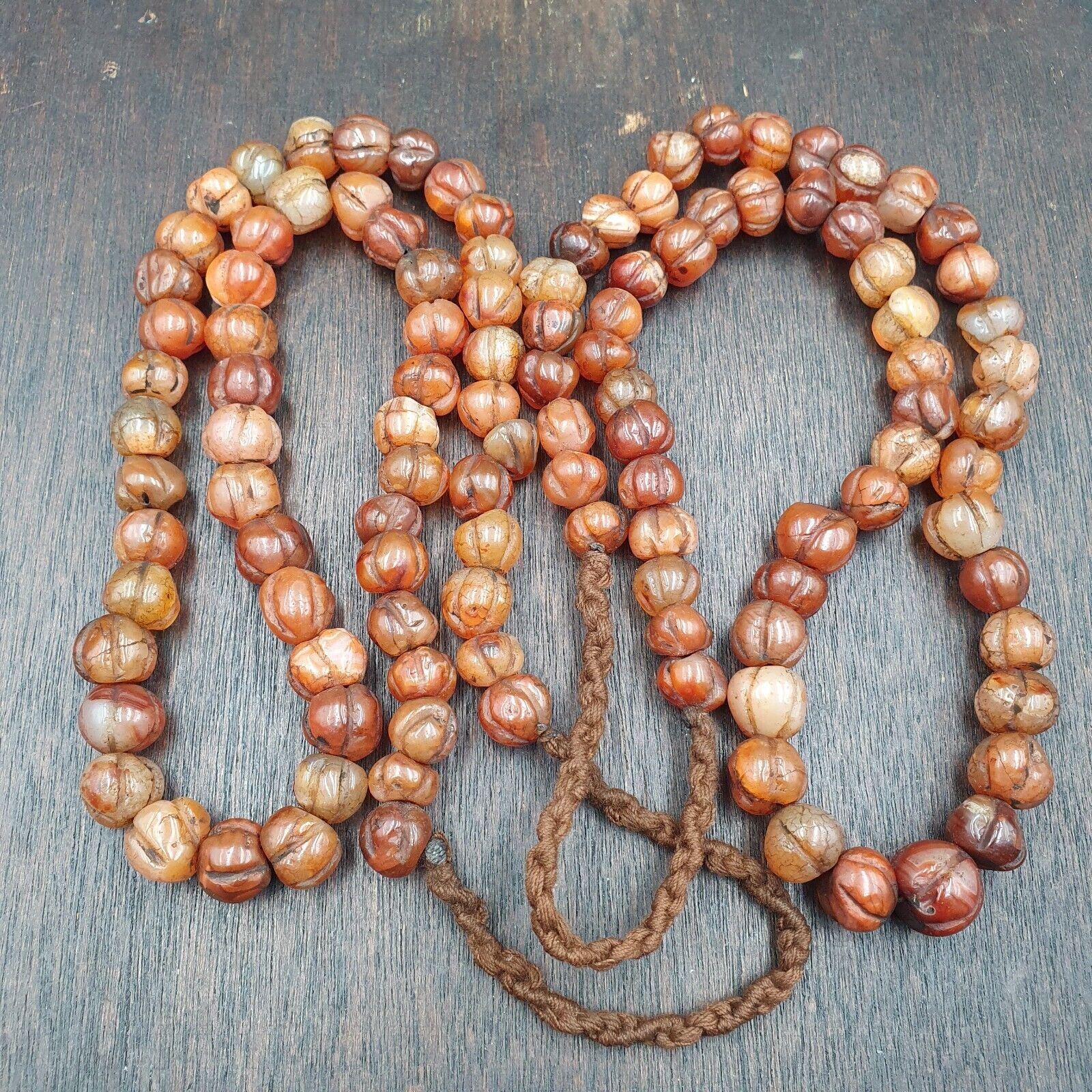 2 Vintage Himalayan Tibetan Carnelian Carved Agate Melon Shape Beads Necklace