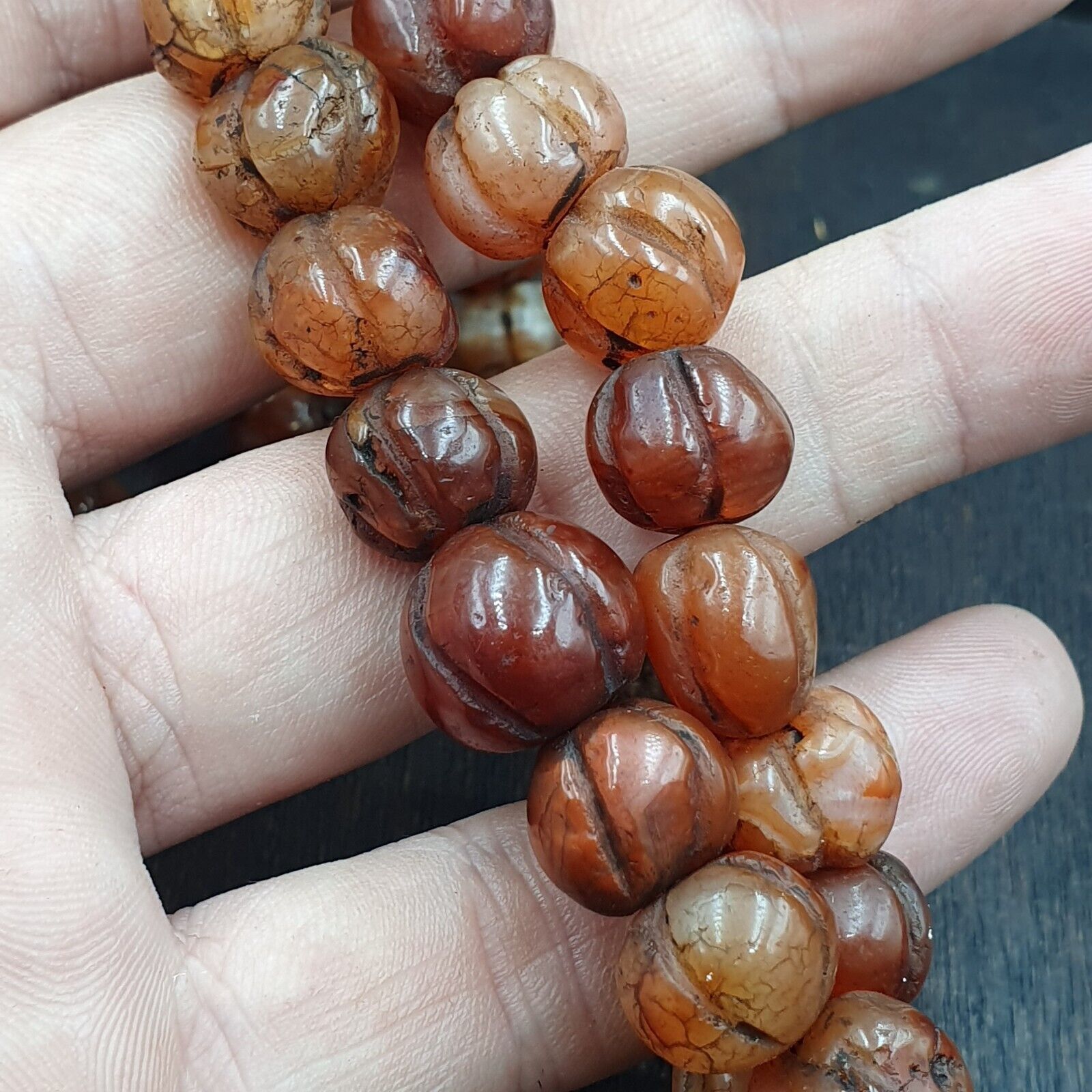 2 Vintage Himalayan Tibetan Carnelian Carved Agate Melon Shape Beads Necklace