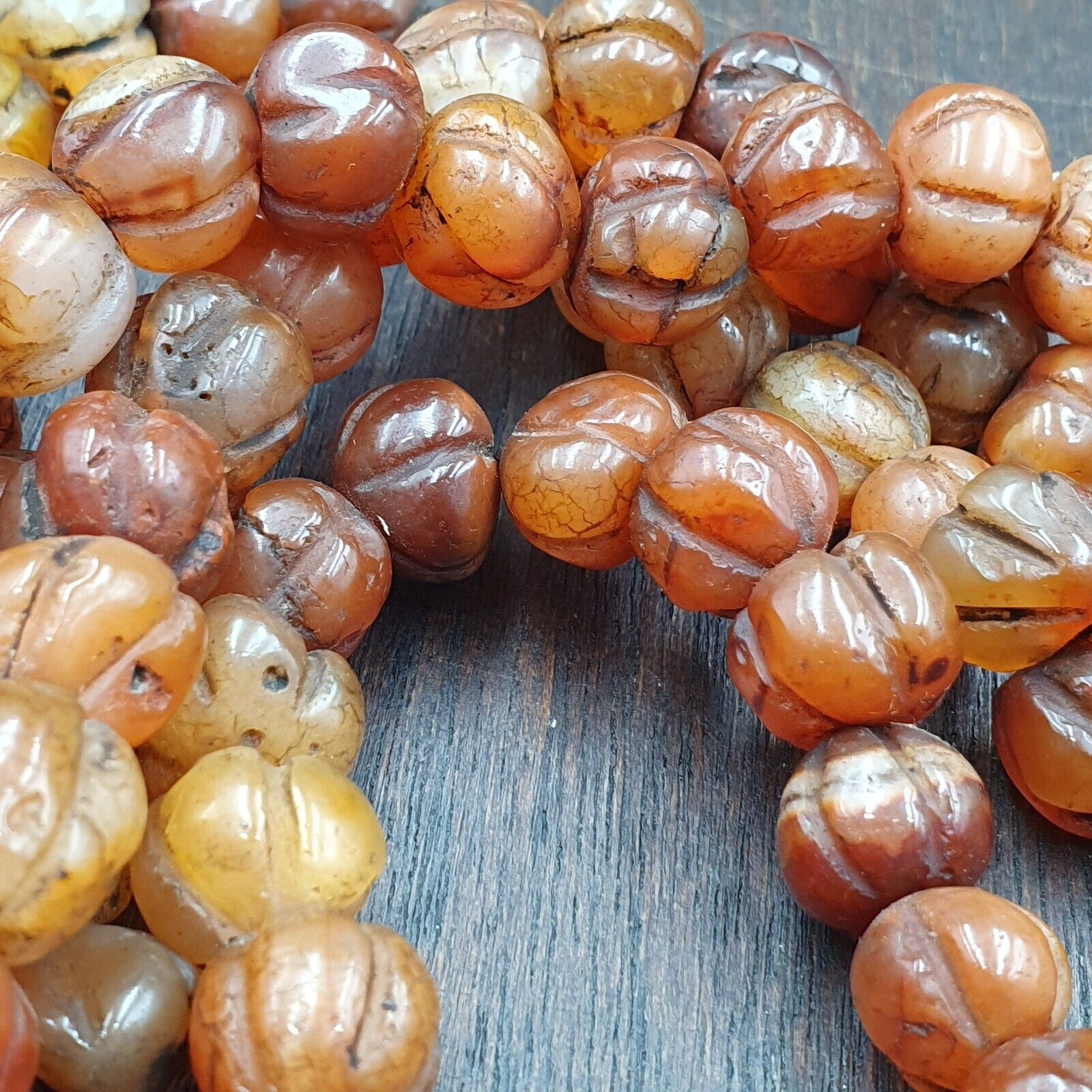 2 Vintage Himalayan Tibetan Carnelian Carved Agate Melon Shape Beads Necklace