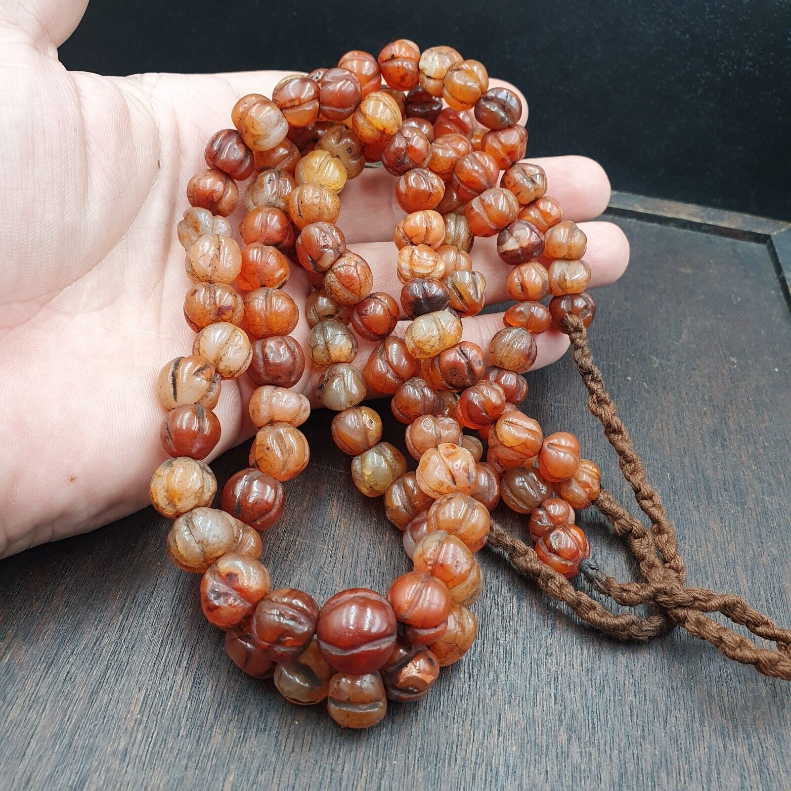 2 Vintage Himalayan Tibetan Carnelian Carved Agate Melon Shape Beads Necklace