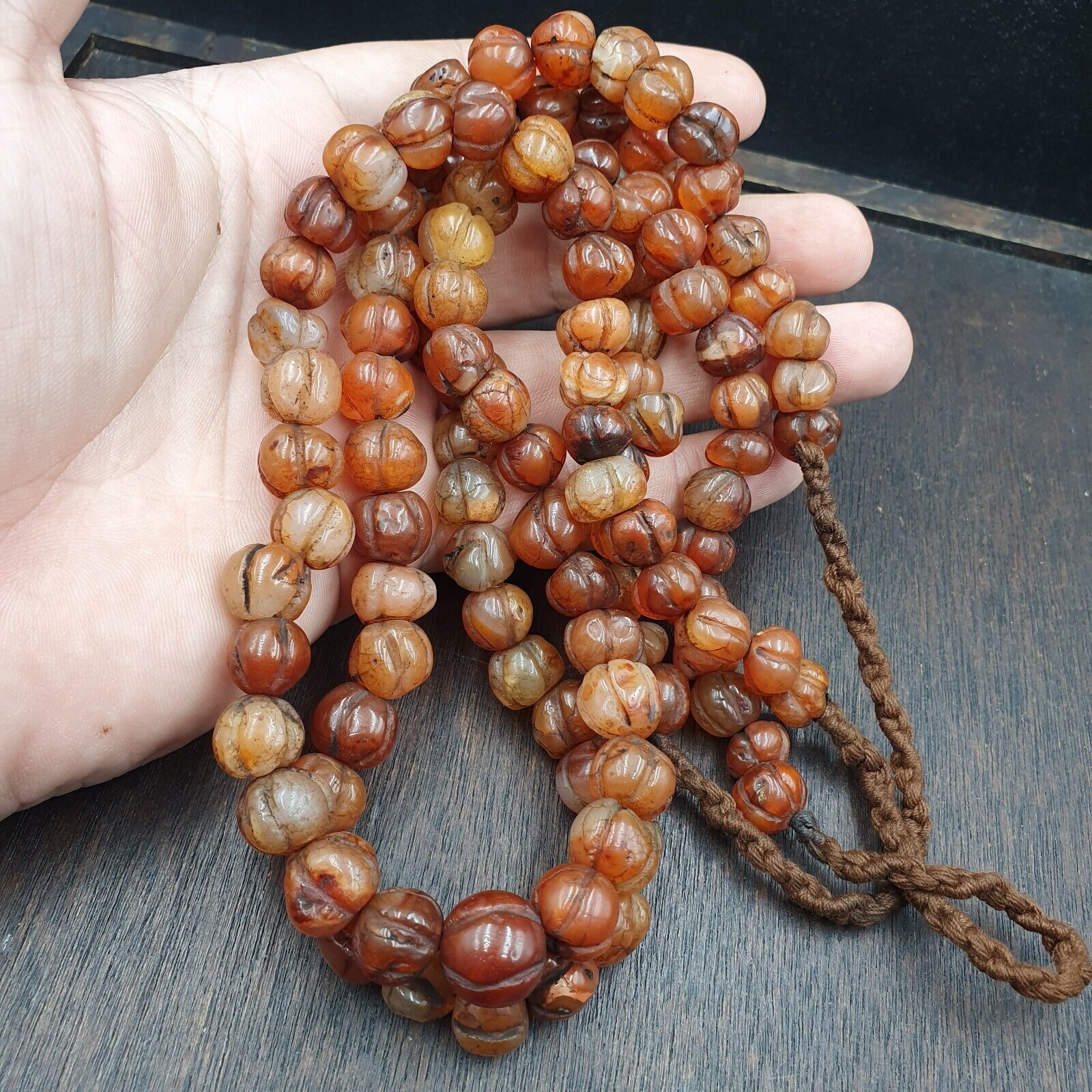 2 Vintage Himalayan Tibetan Carnelian Carved Agate Melon Shape Beads Necklace
