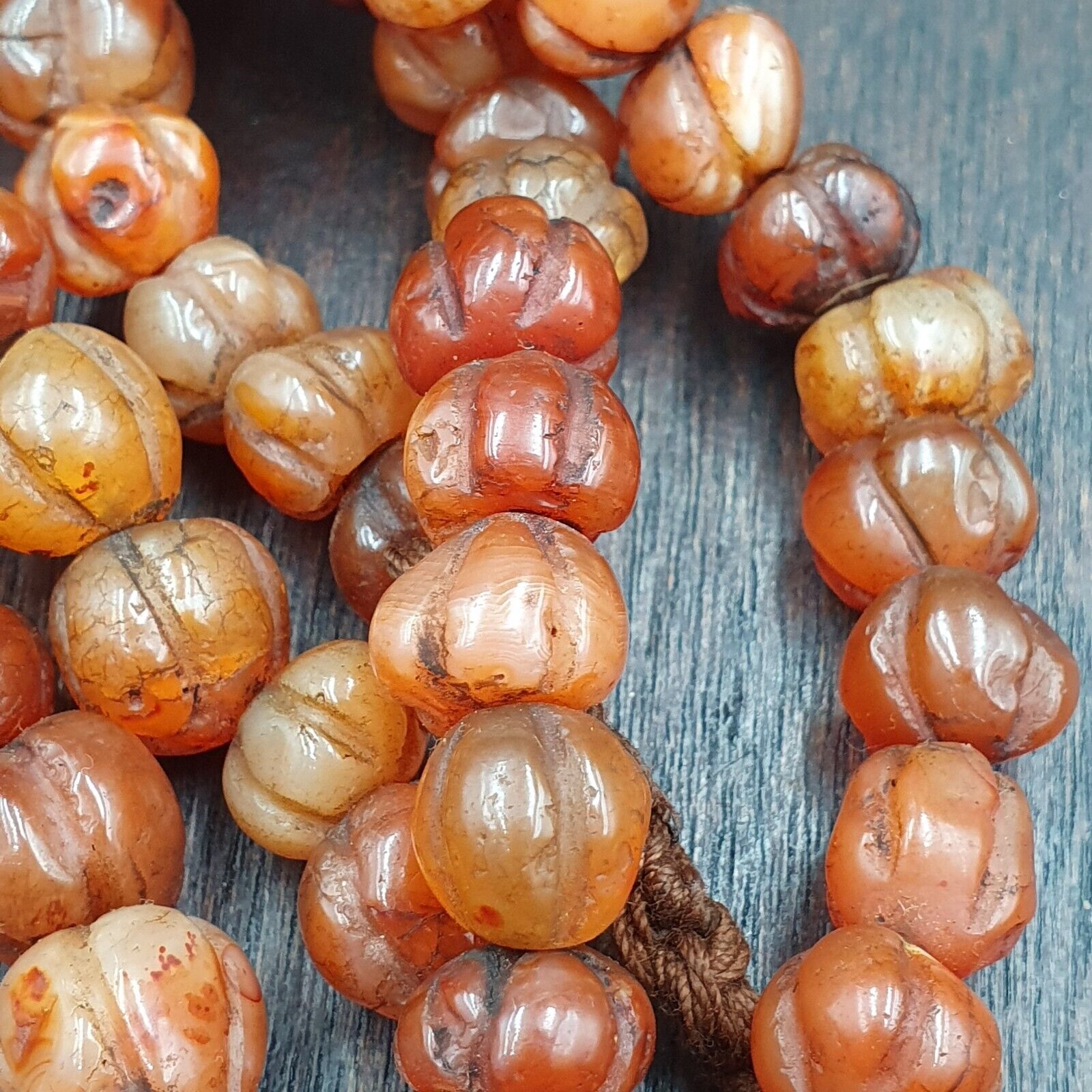2 Vintage Himalayan Tibetan Carnelian Carved Agate Melon Shape Beads Necklace