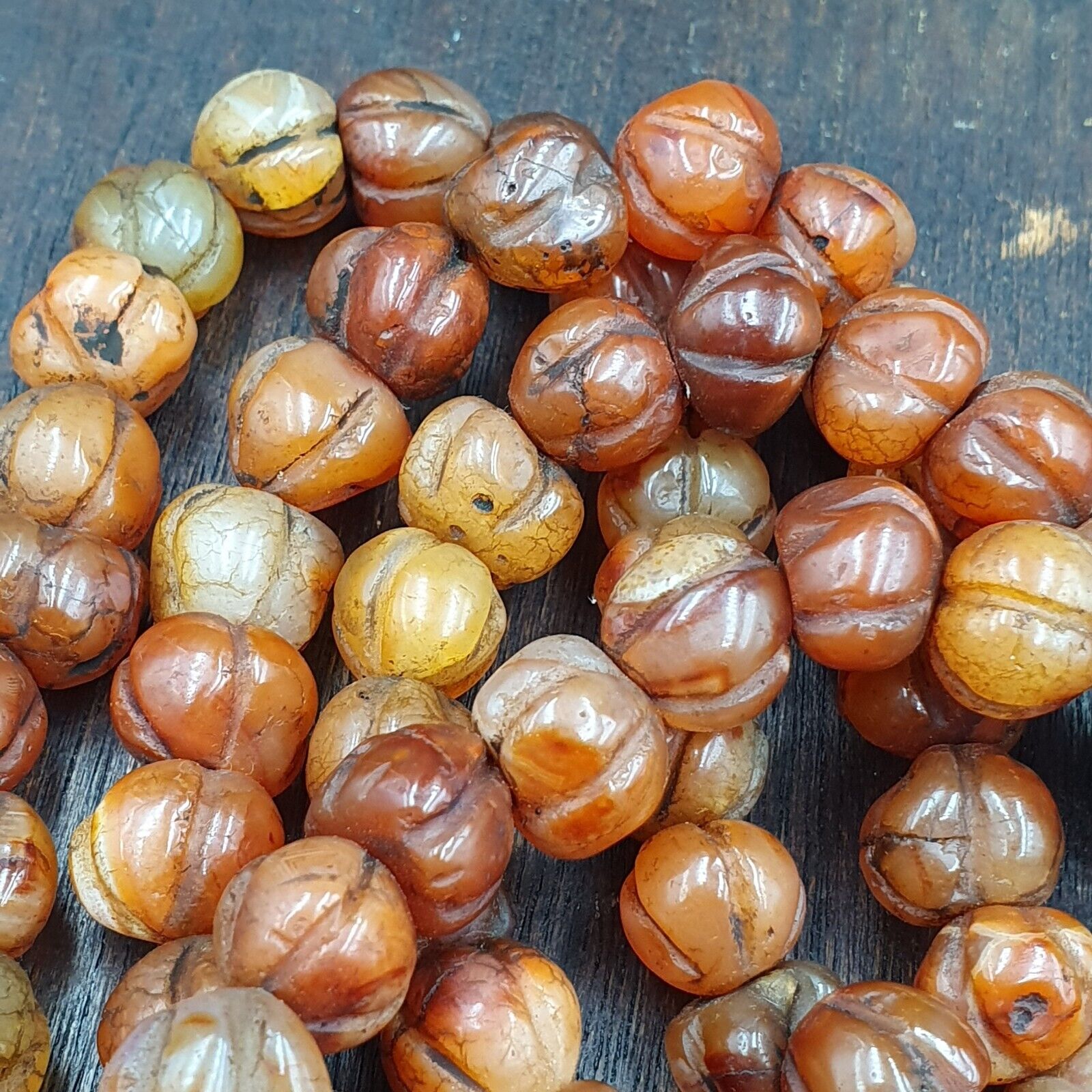 2 Vintage Himalayan Tibetan Carnelian Carved Agate Melon Shape Beads Necklace