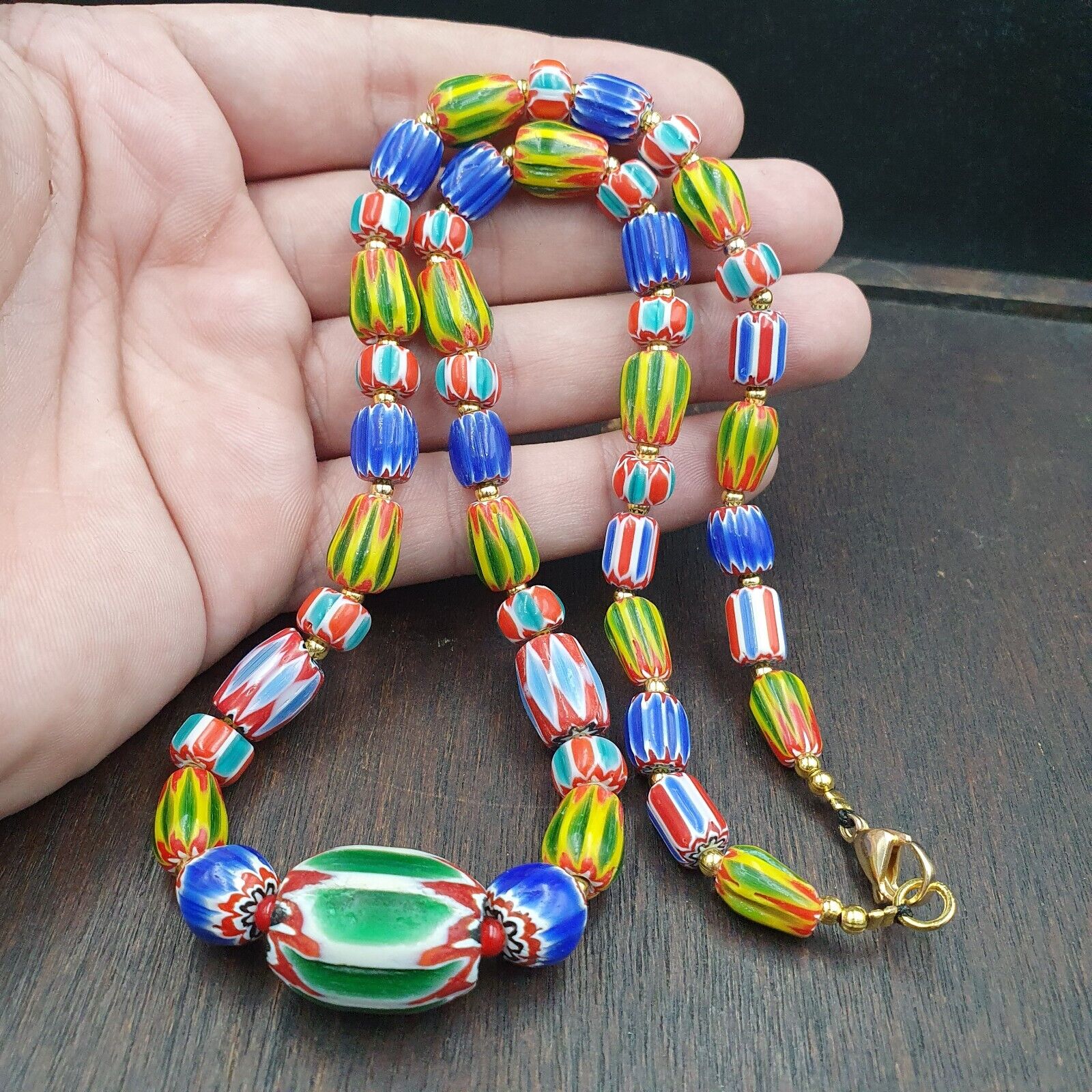 Venetian Style Chevron and White Heart Venetian Beads Glass Beads Necklace YCH-6