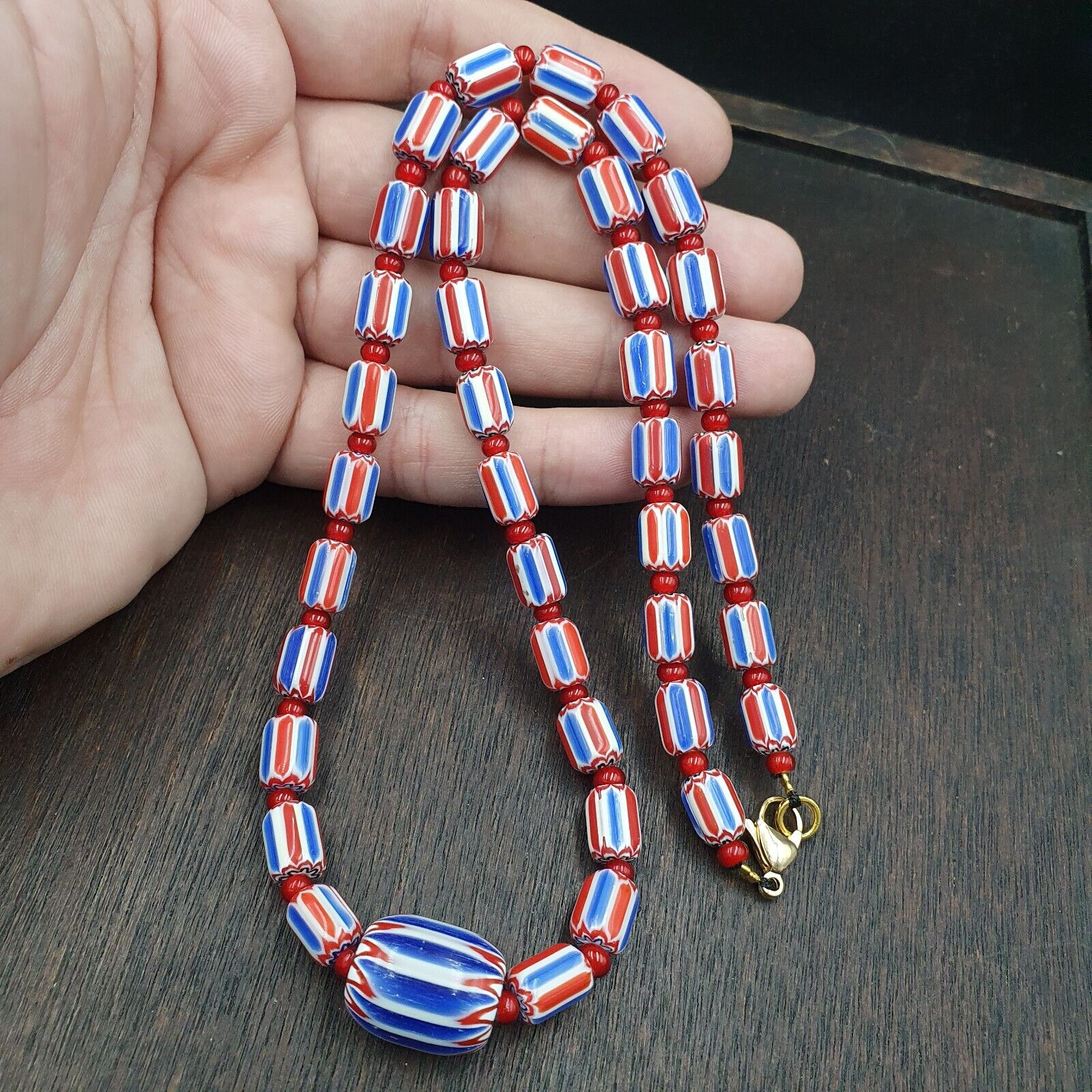 Venetian Style Chevron and White Heart Venetian Beads Glass Beads Necklace YCH-5