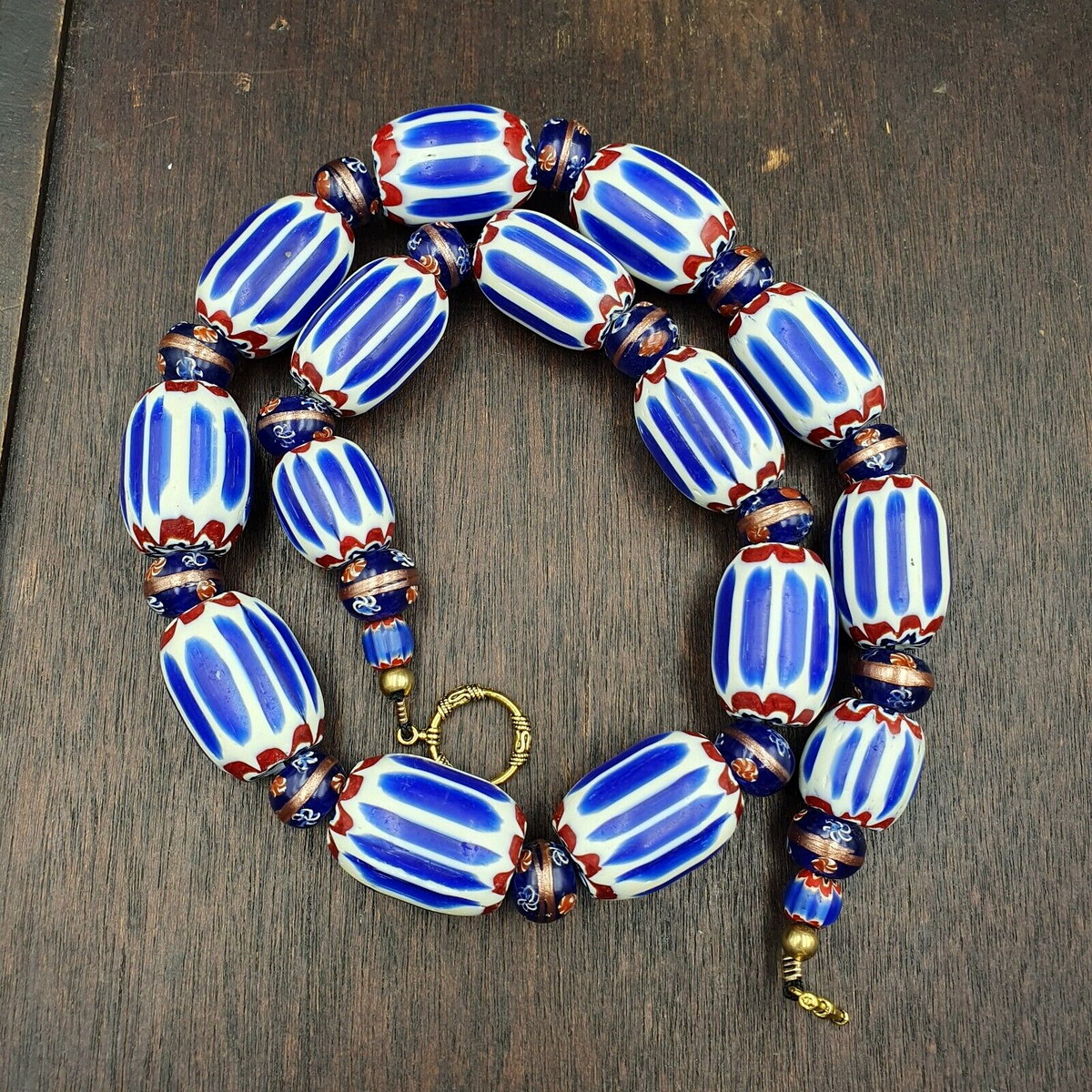 Antique Venetian Inspired African Blue Chevron, wedding cake Beads Necklace BG-6