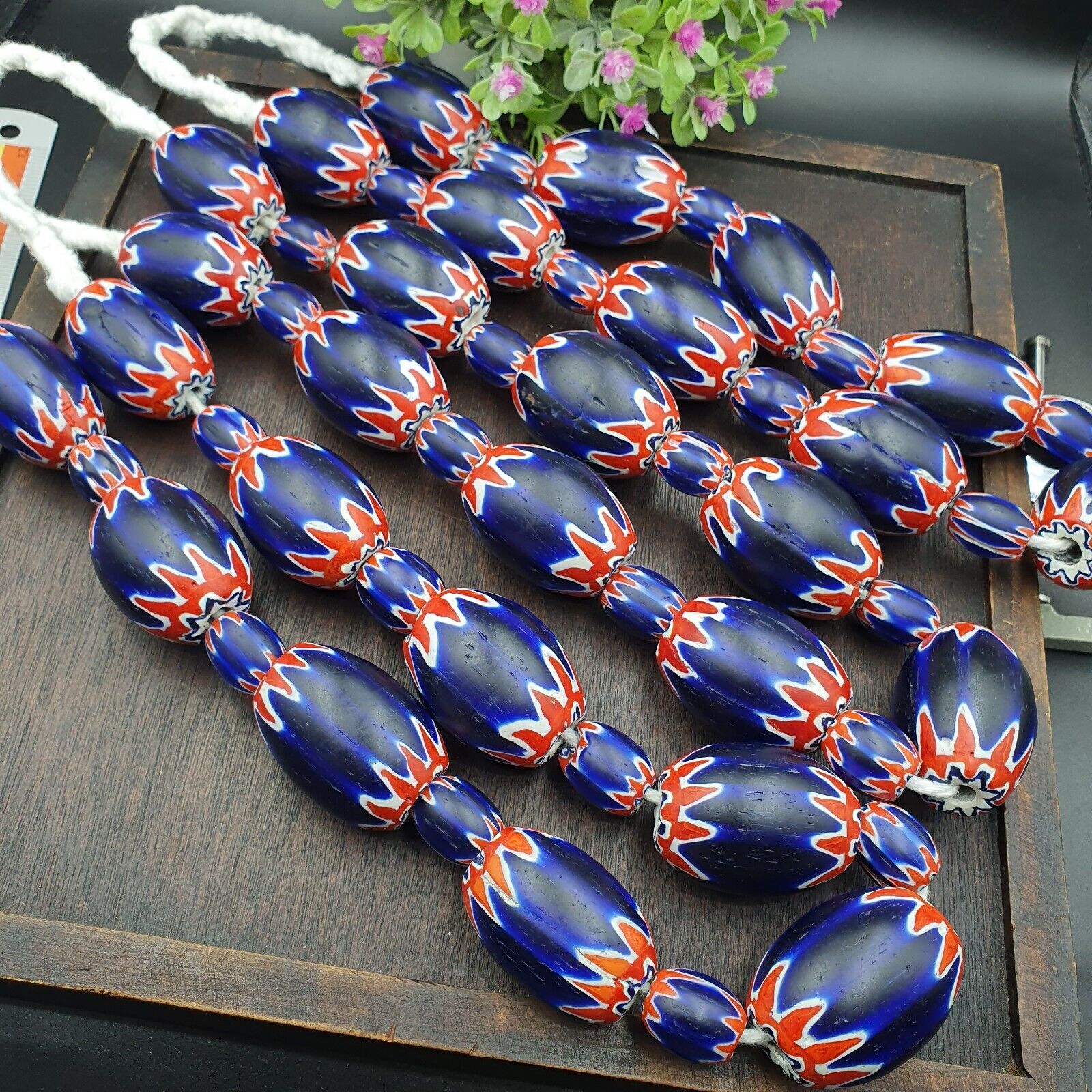 500g Antique Venetian inspired African Blue Glass Chevron With Big Beads 30x20mm