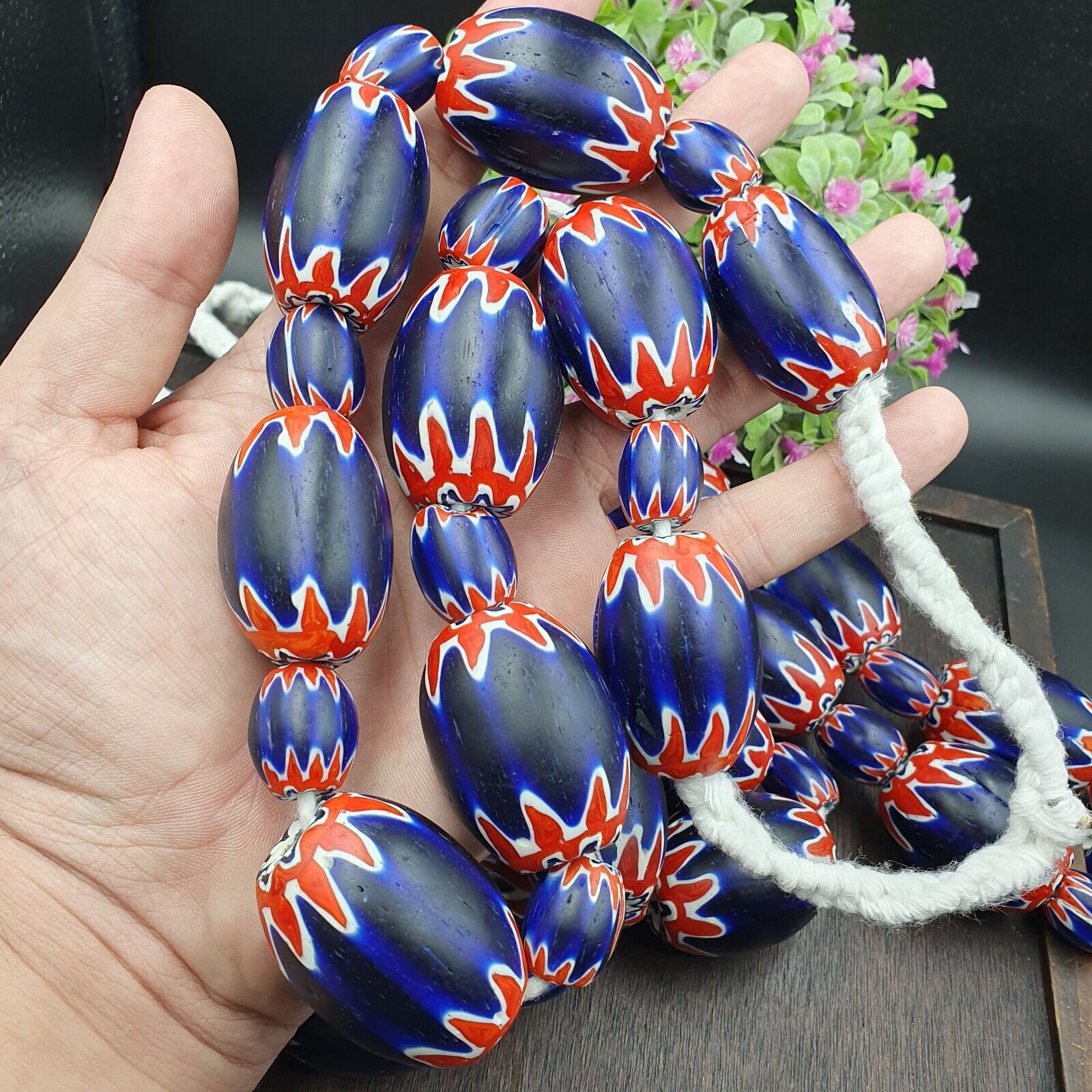 500g Antique Venetian inspired African Blue Glass Chevron With Big Beads 30x20mm