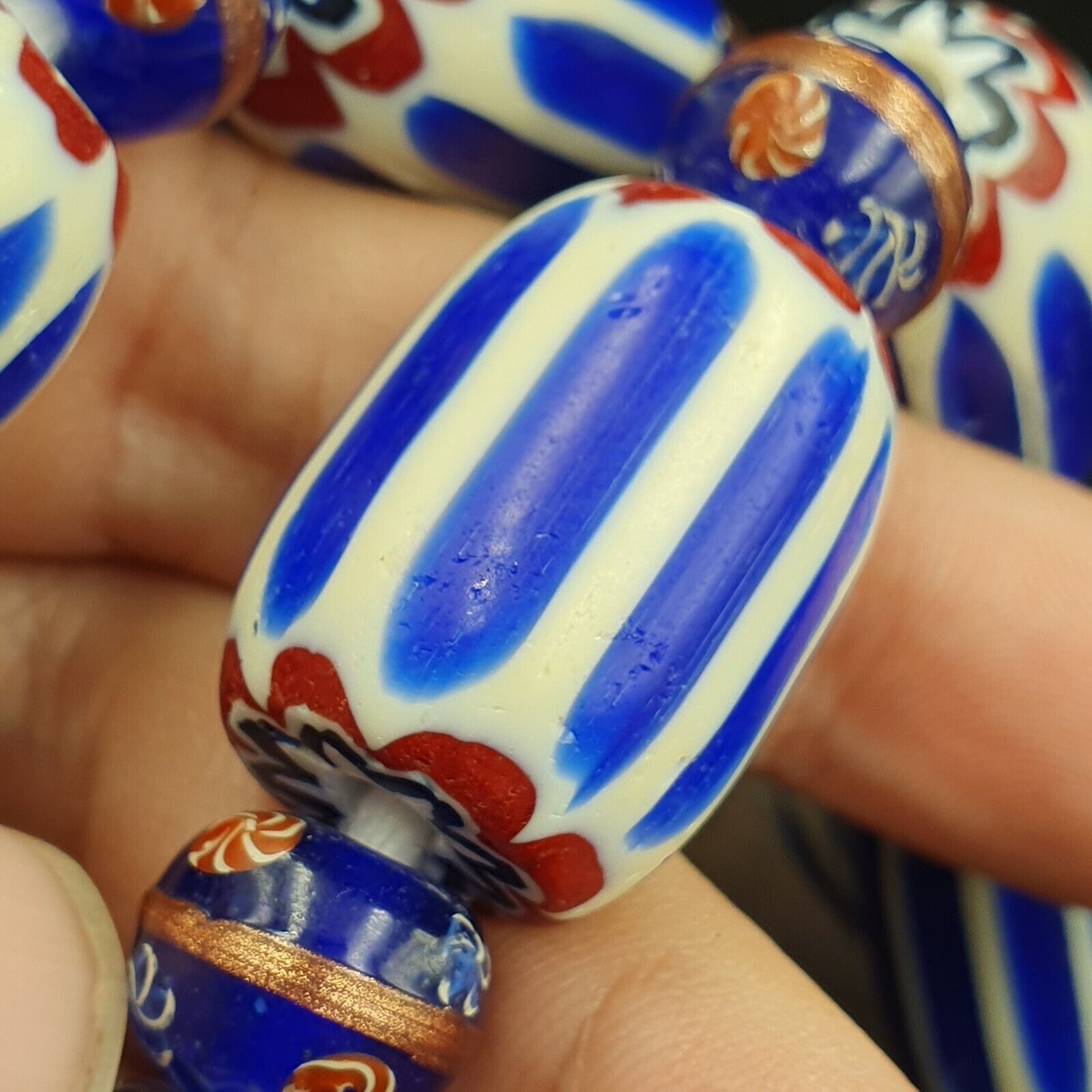 Antique Venetian Inspired African Blue Chevron, wedding cake Beads Necklace