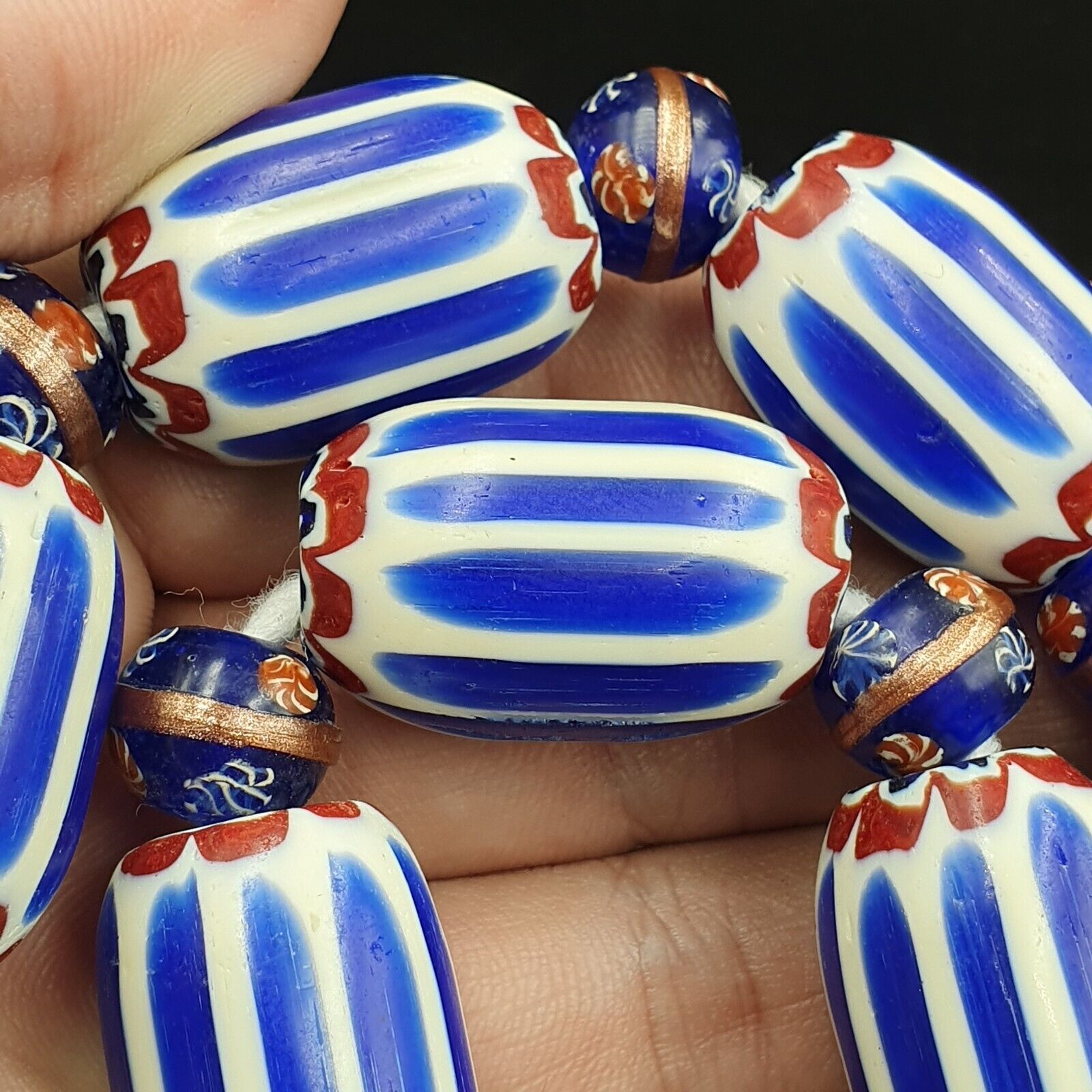 Antique Venetian Inspired African Blue Chevron, wedding cake Beads Necklace