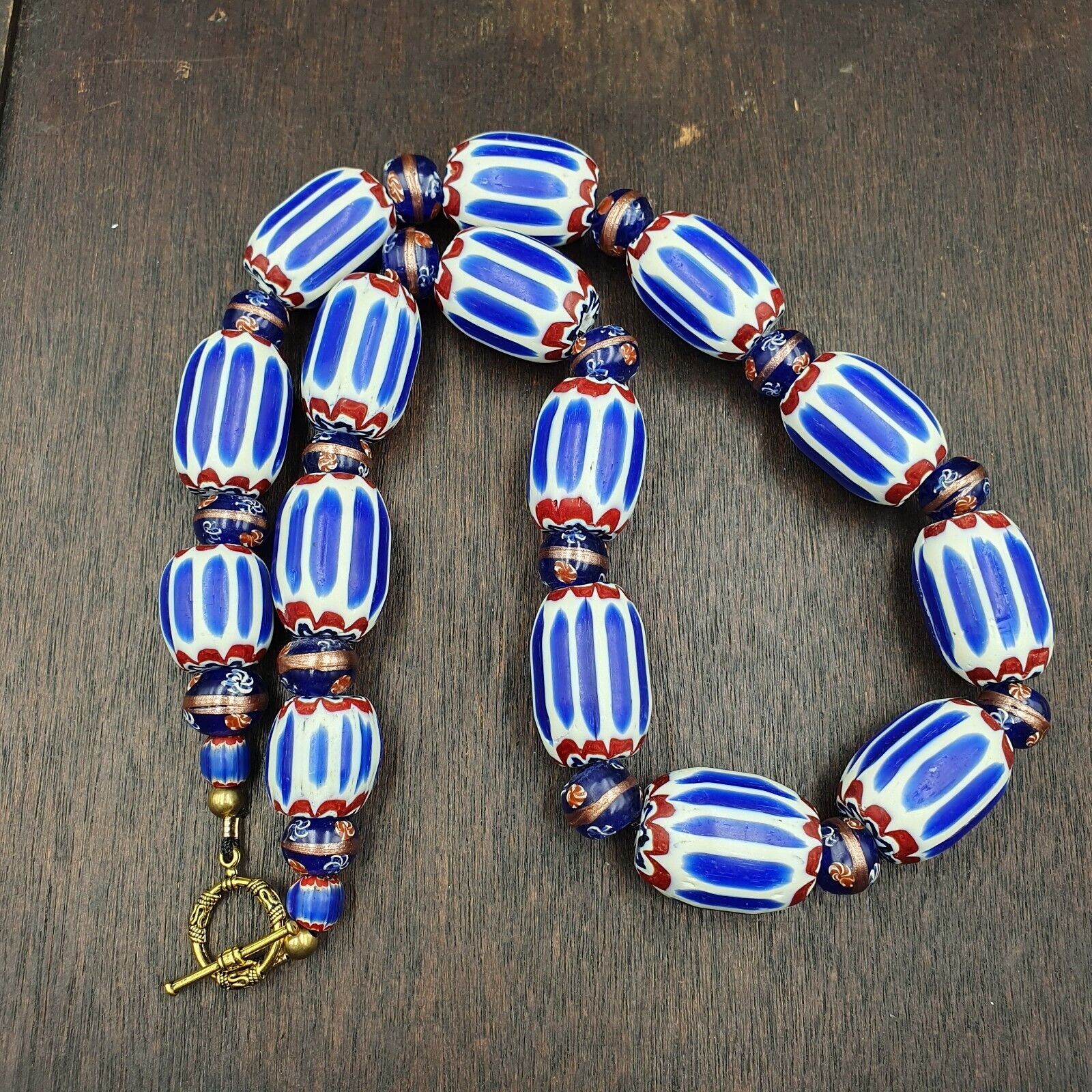 Antique Venetian Inspired African Blue Chevron, wedding cake Beads Necklace BG-6