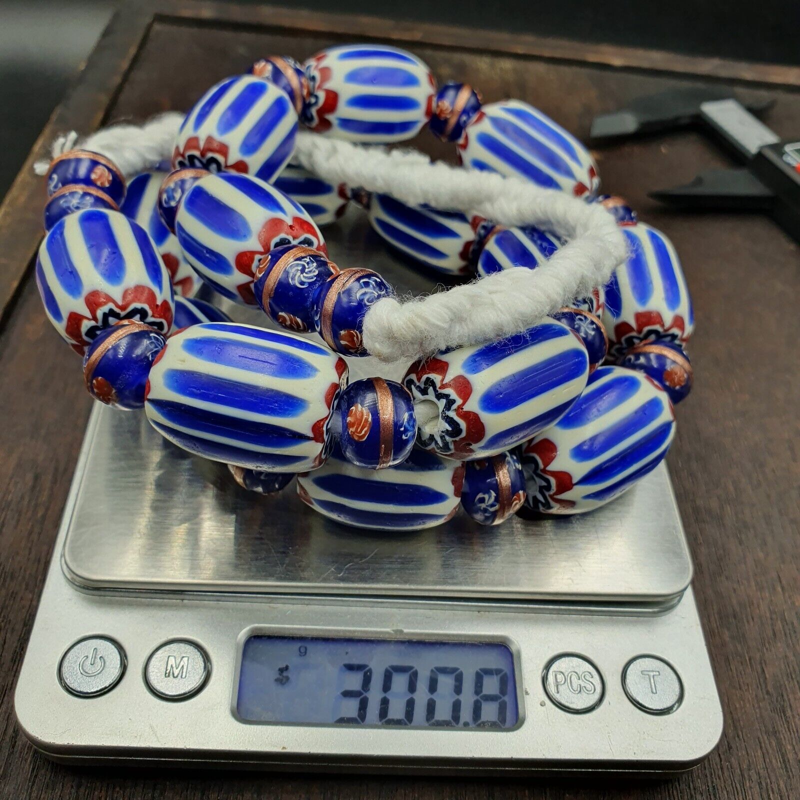 Antique Venetian Inspired African Blue Chevron, wedding cake Beads Necklace