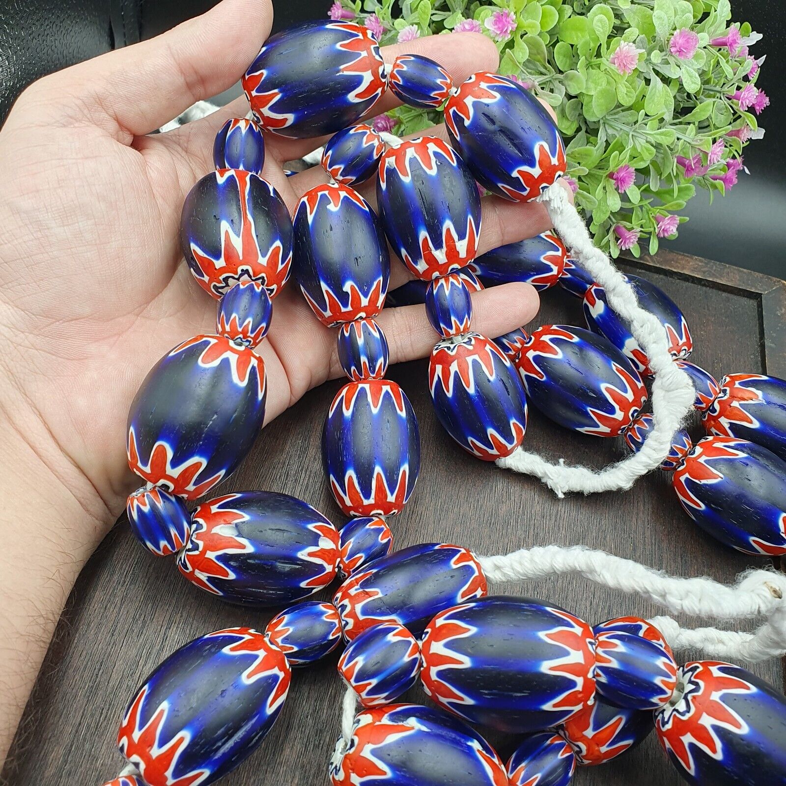 500g Antique Venetian inspired African Blue Glass Chevron With Big Beads 30x20mm