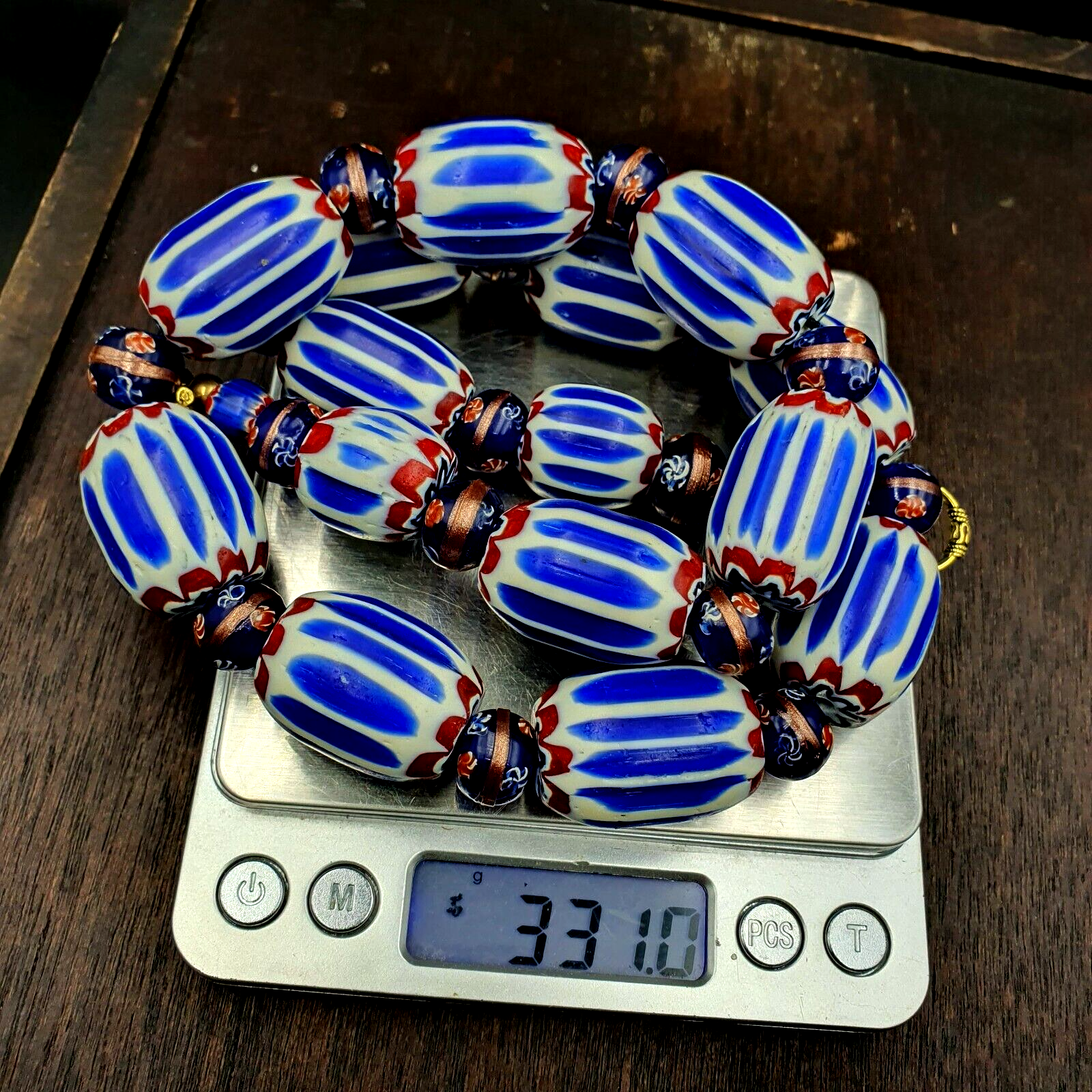 Antique Venetian Inspired African Blue Chevron, wedding cake Beads Necklace BG-6
