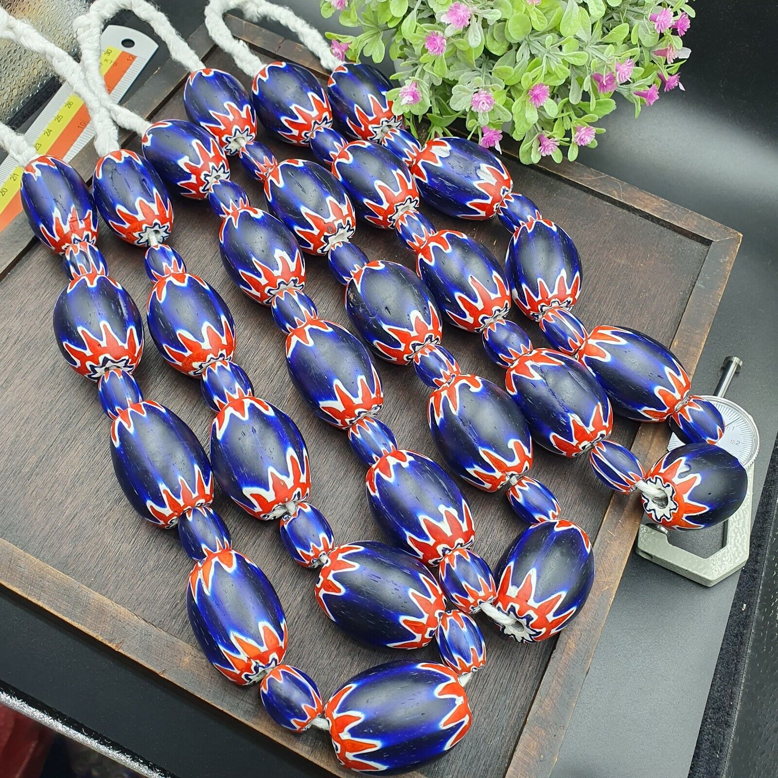 500g Antique Venetian inspired African Blue Glass Chevron With Big Beads 30x20mm