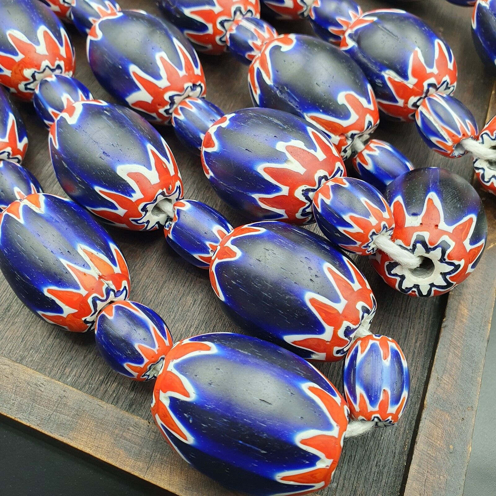 500g Antique Venetian inspired African Blue Glass Chevron With Big Beads 30x20mm