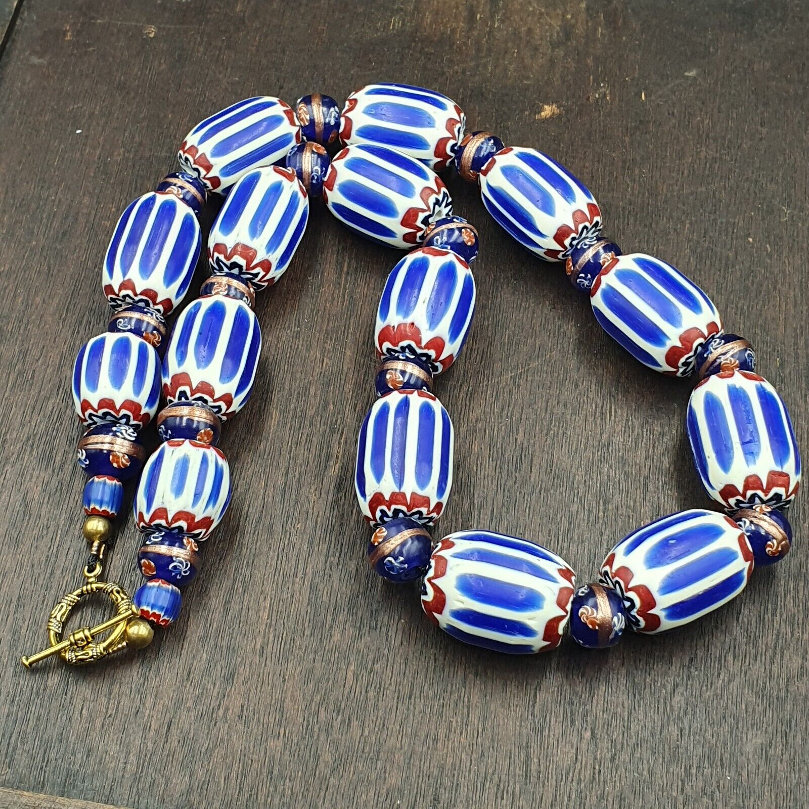 Antique Venetian Inspired African Blue Chevron, wedding cake Beads Necklace BG-6