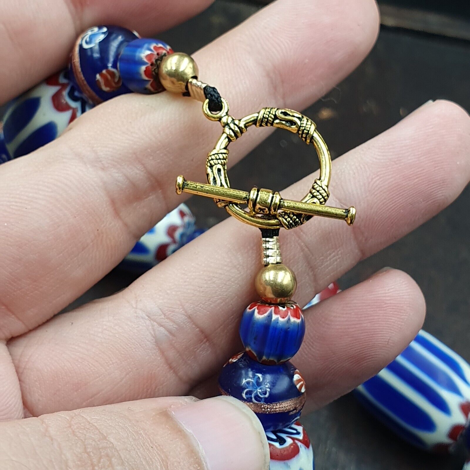 Antique Venetian Inspired African Blue Chevron, wedding cake Beads Necklace BG-6