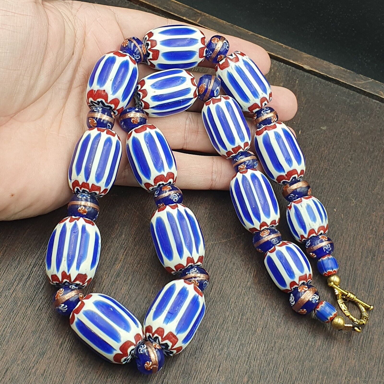 Antique Venetian Inspired African Blue Chevron, wedding cake Beads Necklace BG-6