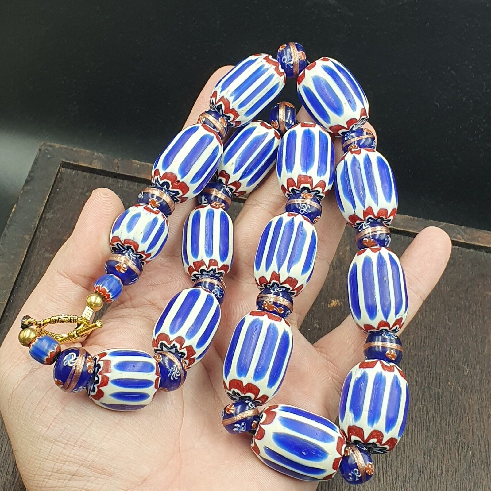 Antique Venetian Inspired African Blue Chevron, wedding cake Beads Necklace BG-6