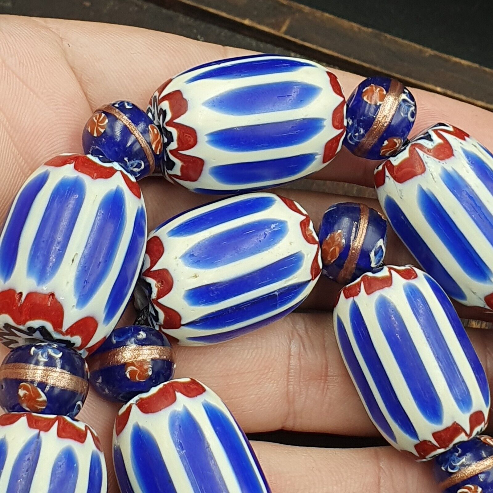 Antique Venetian Inspired African Blue Chevron, wedding cake Beads Necklace BG-6