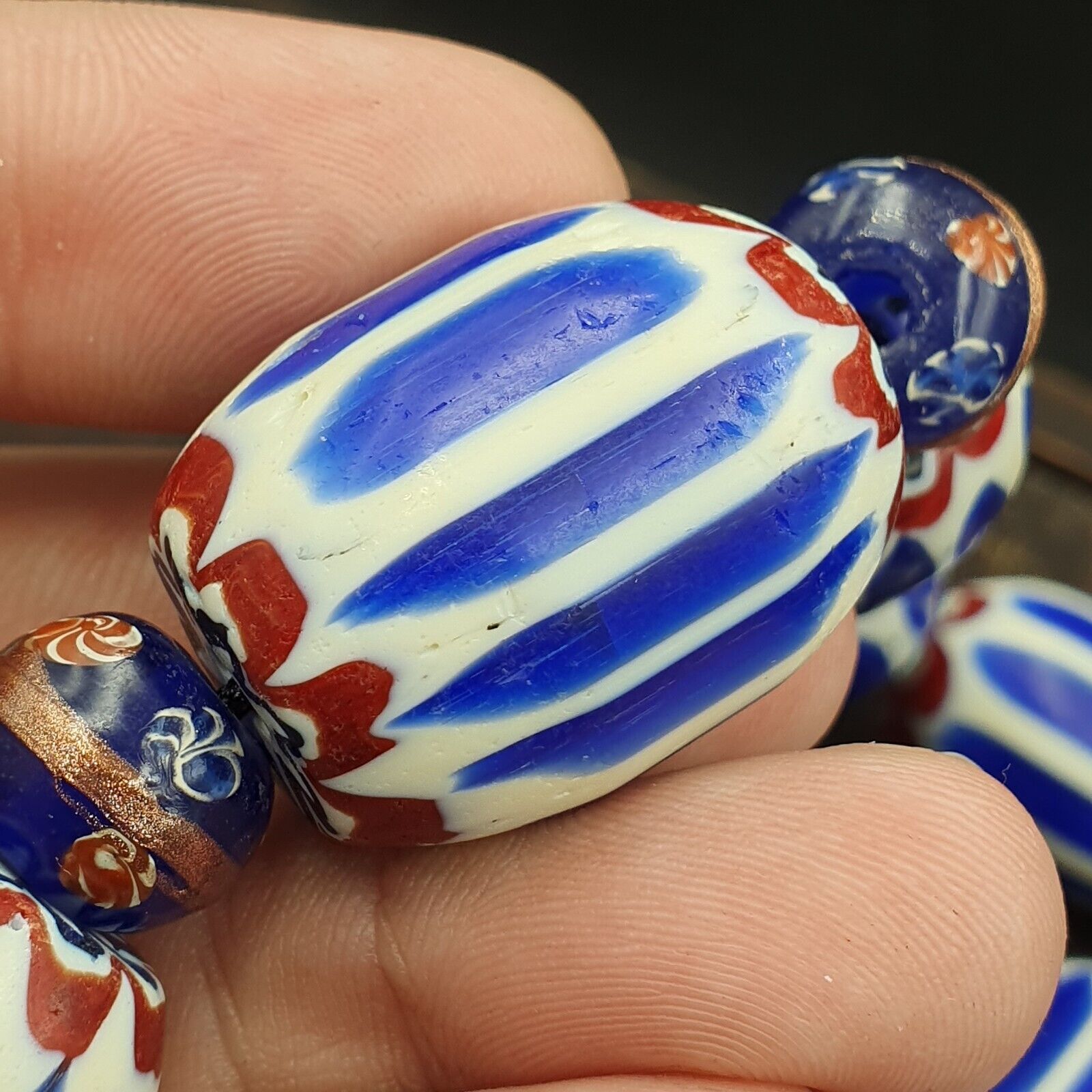 Antique Venetian Inspired African Blue Chevron, wedding cake Beads Necklace BG-6