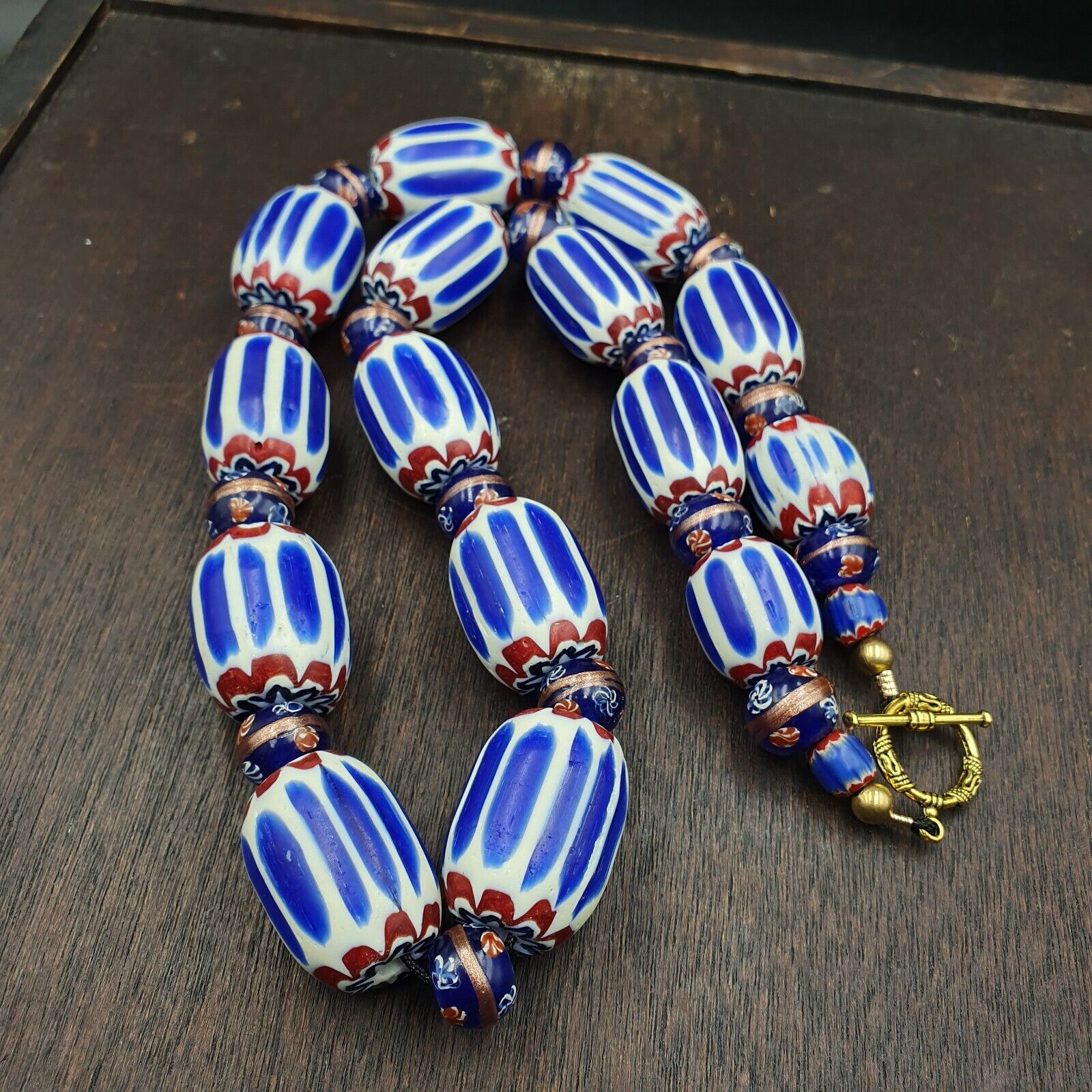 Antique Venetian Inspired African Blue Chevron, wedding cake Beads Necklace BG-6