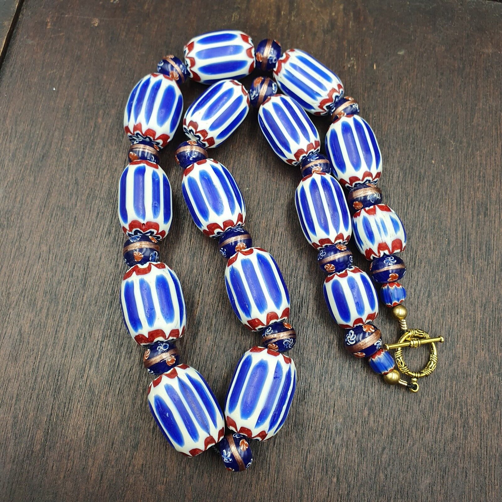 Antique Venetian Inspired African Blue Chevron, wedding cake Beads Necklace BG-6