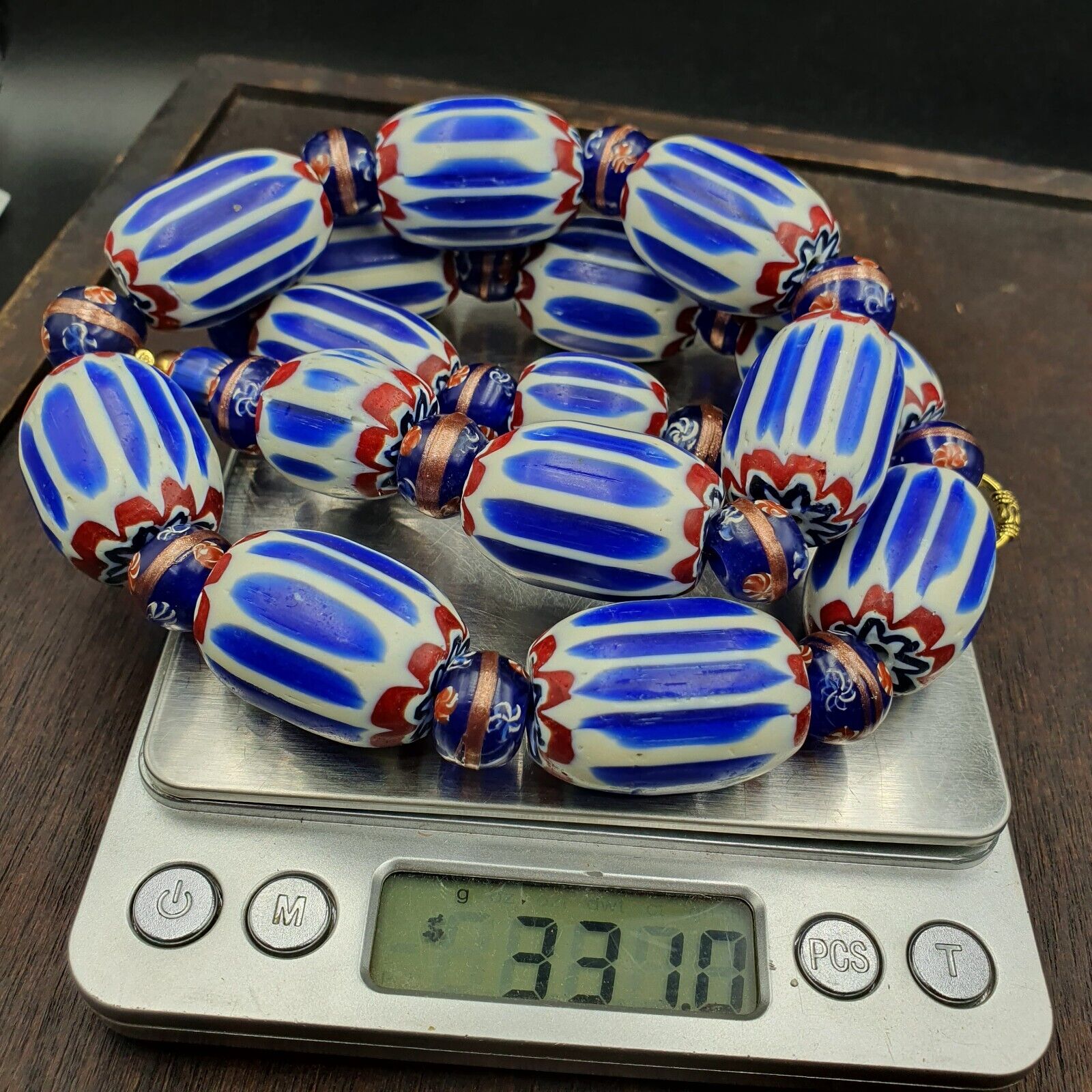 Antique Venetian Inspired African Blue Chevron, wedding cake Beads Necklace BG-6